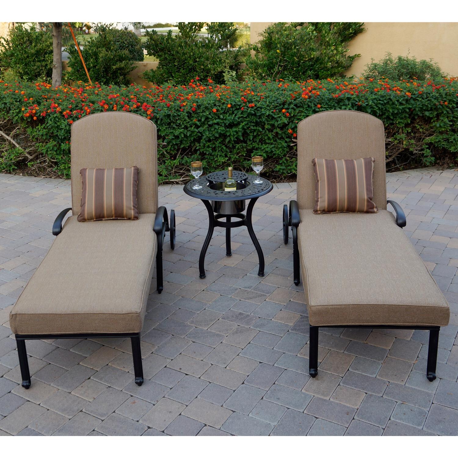 Darlee B/DL707-3PC-3360RQP Elisabeth 3 Piece Cast Aluminum Patio Chaise Lounge Set W/ 24 Inch Round Ice Bucket End Table & Sesame Cushions - Lifestyle thumbnail
