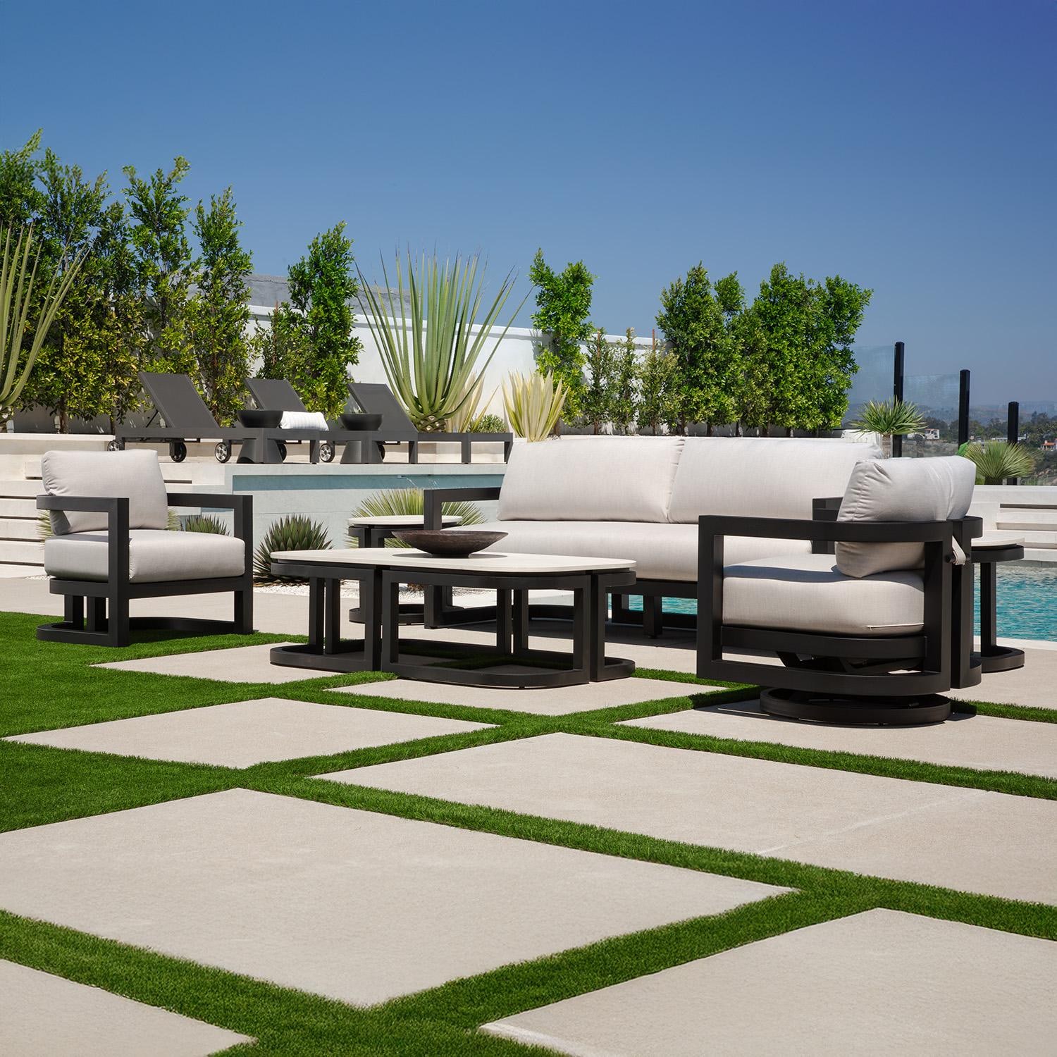 Malibu 60 Inch Black Aluminum Coffee Table by Sunset West - Shown as Set Angled - Lifestyle thumbnail