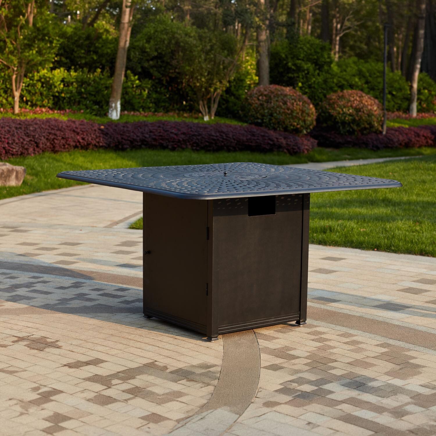 Darlee 201030-9PC-60GHW Sedona 9 Piece Cast Aluminum Patio Counter Height Fire Pit Bar Set W/ 64 Inch Square Table & Beige Canvas Cushions - Fire Pit Table thumbnail