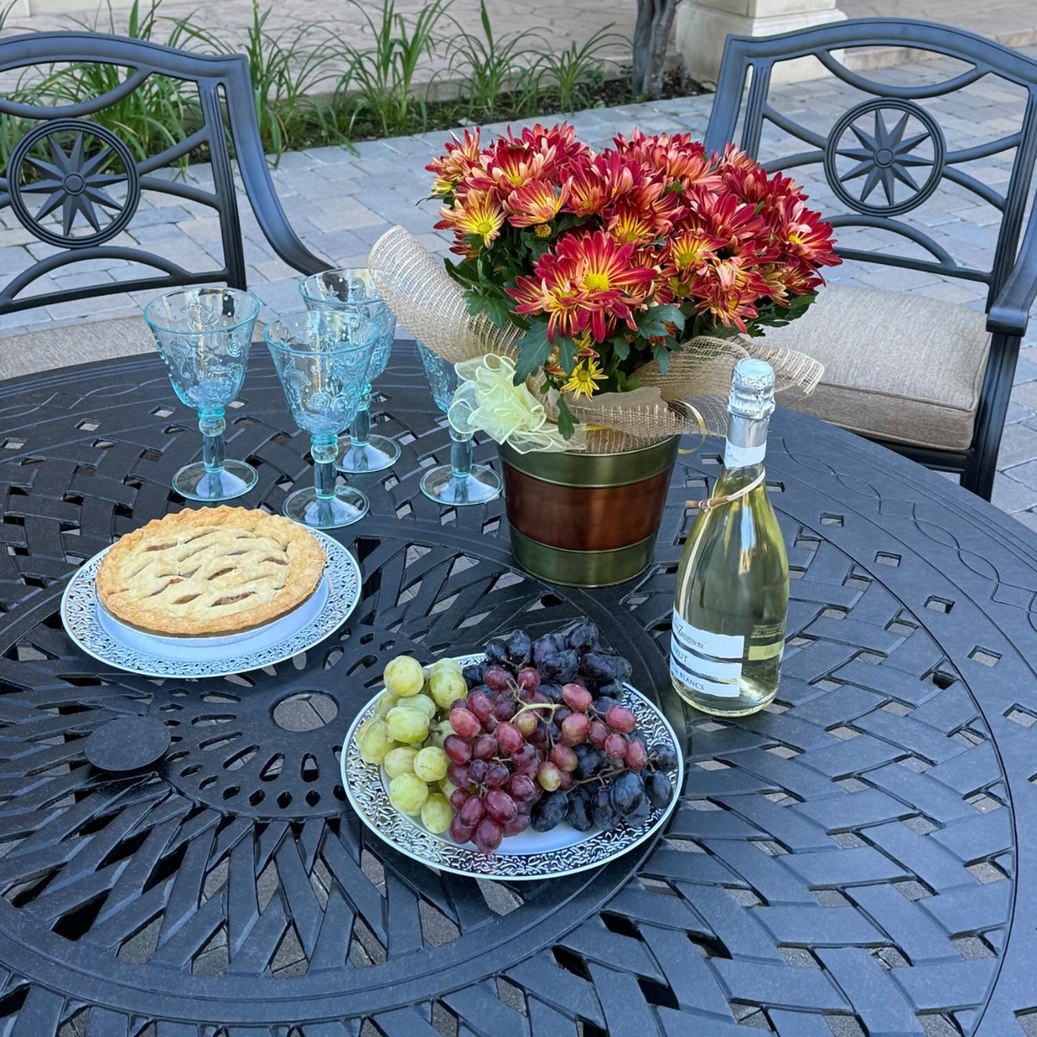 Darlee B/DL503-7PCD-26D Ten Star 7 Pc Cast Aluminum Dining Set in Antique Bronze - Table Setting - Lifestyle