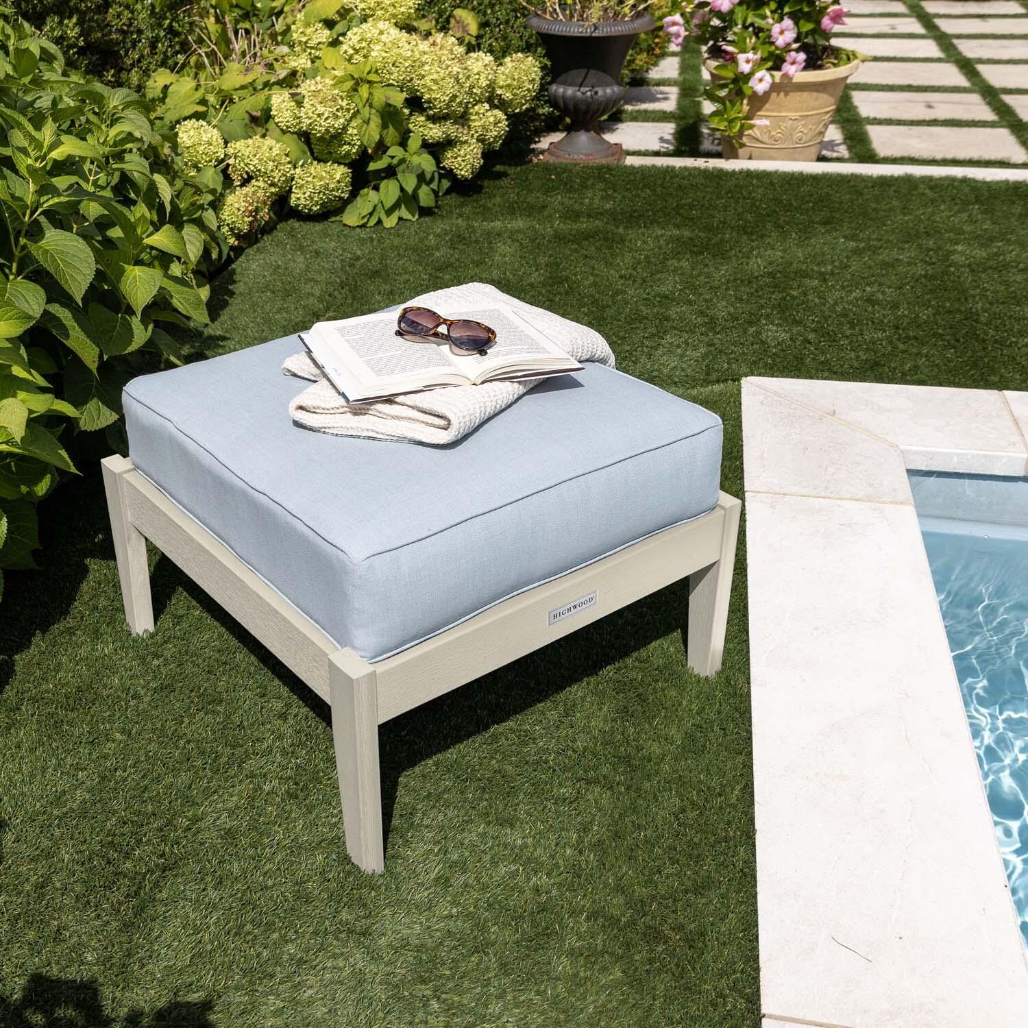 Blushing Bay Recycled Plastic Ottoman in Bliss Dew/Whitewash by Lakeview Outdoor Designs - By Pool Close Up - Lifestyle thumbnail