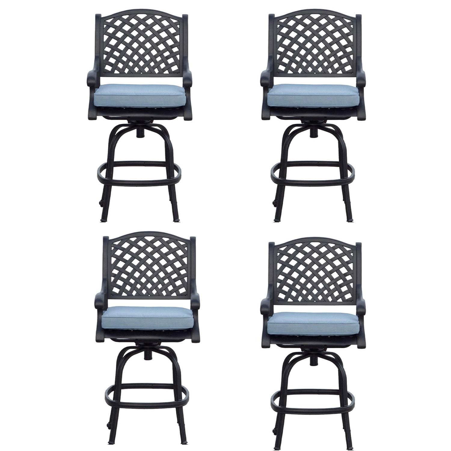 Nassau Cast Aluminum 4 Pc Set Swivel Bar Stool Set in Antique Bronze/Sky Blue by Darlee - Collage - White Background thumbnail