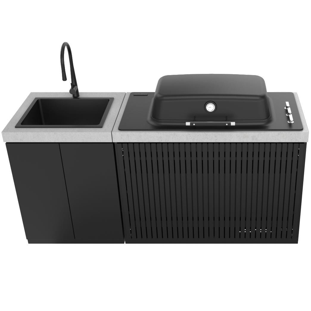 Everdure 6 Ft Outdoor Kitchen Island w/ Marine Grade Aluminum Cabinets in Black - EKM3BBQBP + E3GHOODB + EB3G3 + EKMSINKBP + EBCSINKUS