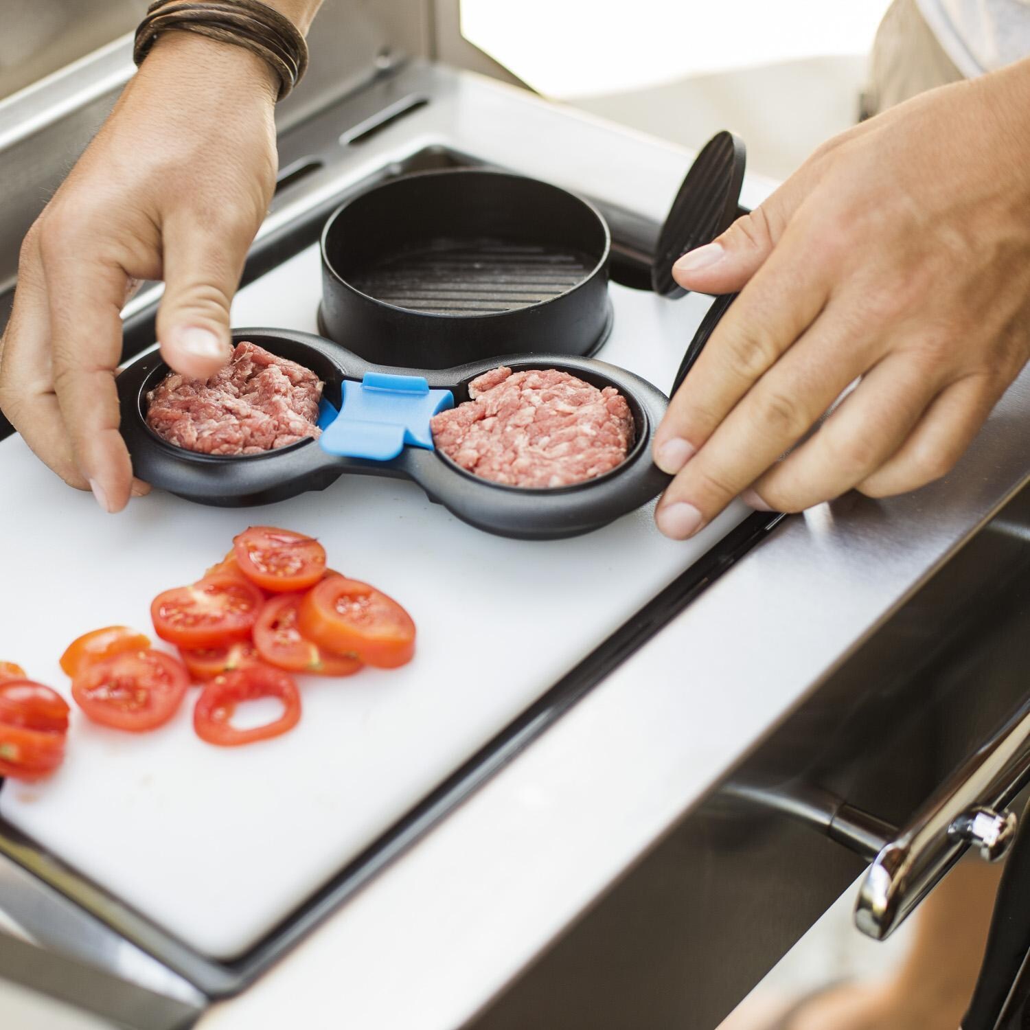 Napoleon Ultimate Griller Bundle - Burger Press Kit - Inserting Meat Patty - Lifestyle thumbnail