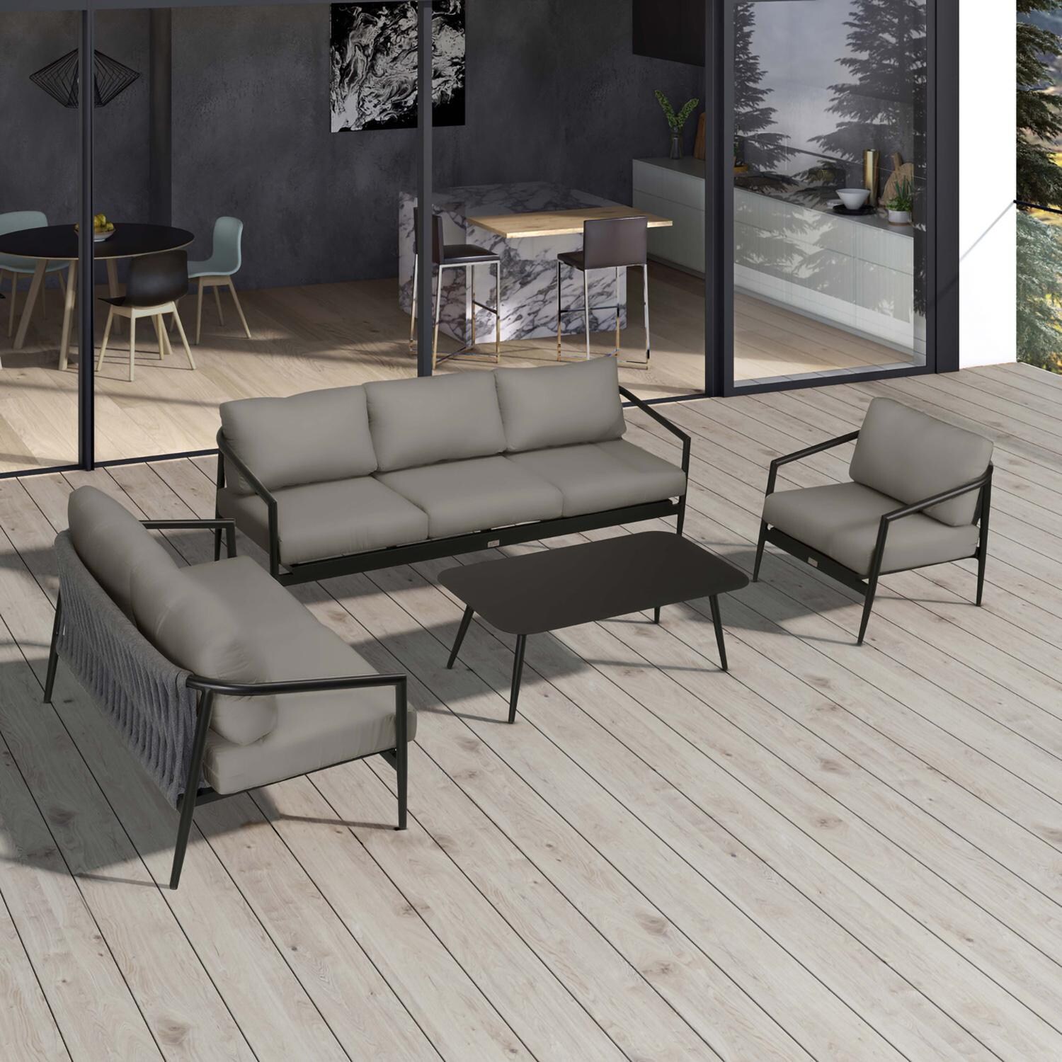 Lakeview Midnight Cove 4 Pc Aluminum Sofa Loveseat Seating Set in Black/Carbon/Canvas Charcoal - Top - Lifestyle thumbnail