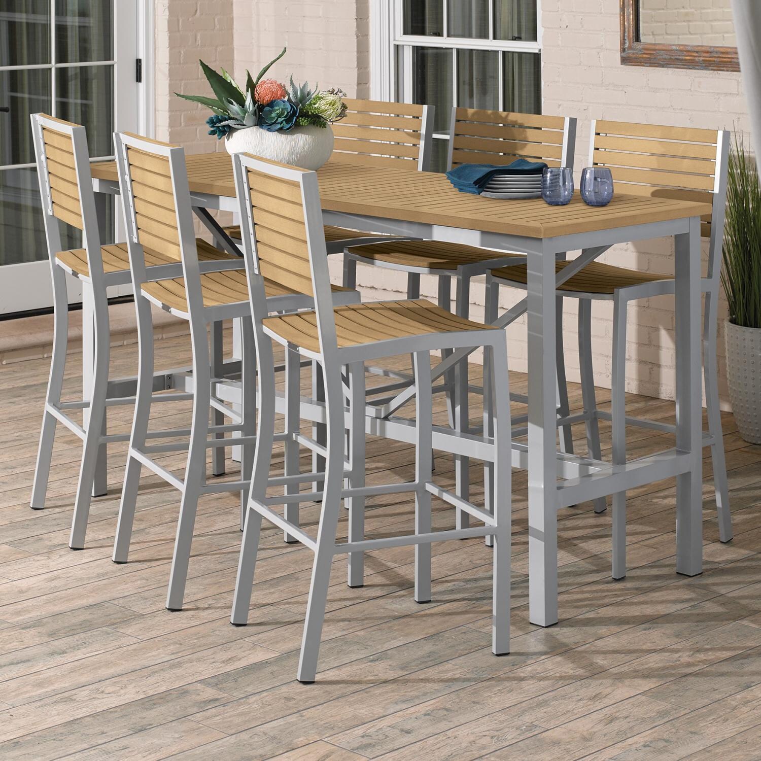 Travira 7 Piece Aluminum Patio Bar Set W/ 72 X 30 Inch Rectangular Table and Tekwood Natural Tabletop By Oxford Garden - On The Patio thumbnail
