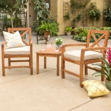 Crosswinds 3 Piece Acacia Patio Conversation Set W/ Natural Cushions By Walker Edison image