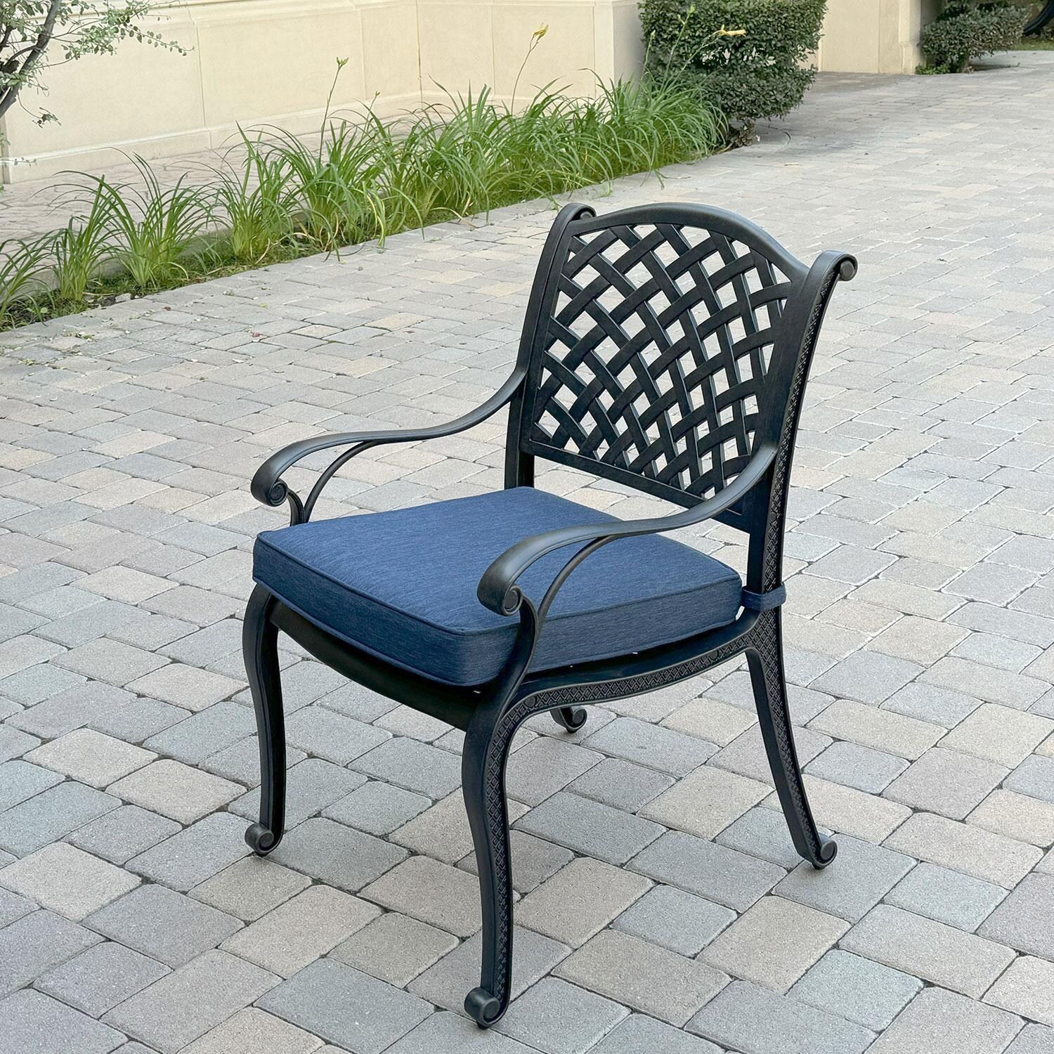 Nassau 7 Pc Cast Aluminum Patio Dining Set W/ 72 X 42 Inch Table & Navy Blue Cushions By Darlee - Dining Chair - Back Patio - Lifestyle thumbnail