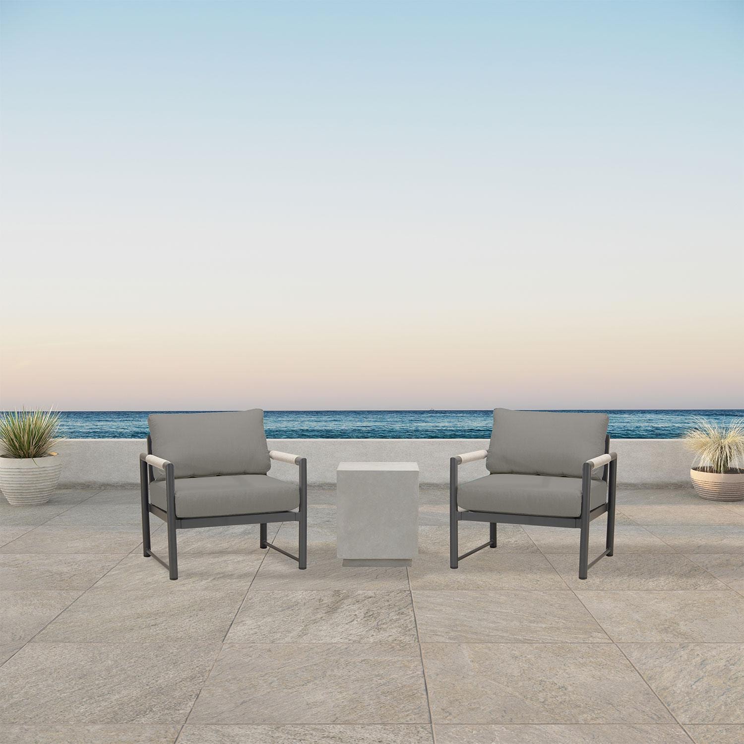 Lakeview AVEBAY-SL-PG-SET104-CC Avenue Bay Slate/Pebble Gray 3 Pc Chat Set - Canvas Charcoal - On Patio - Lifestyle thumbnail