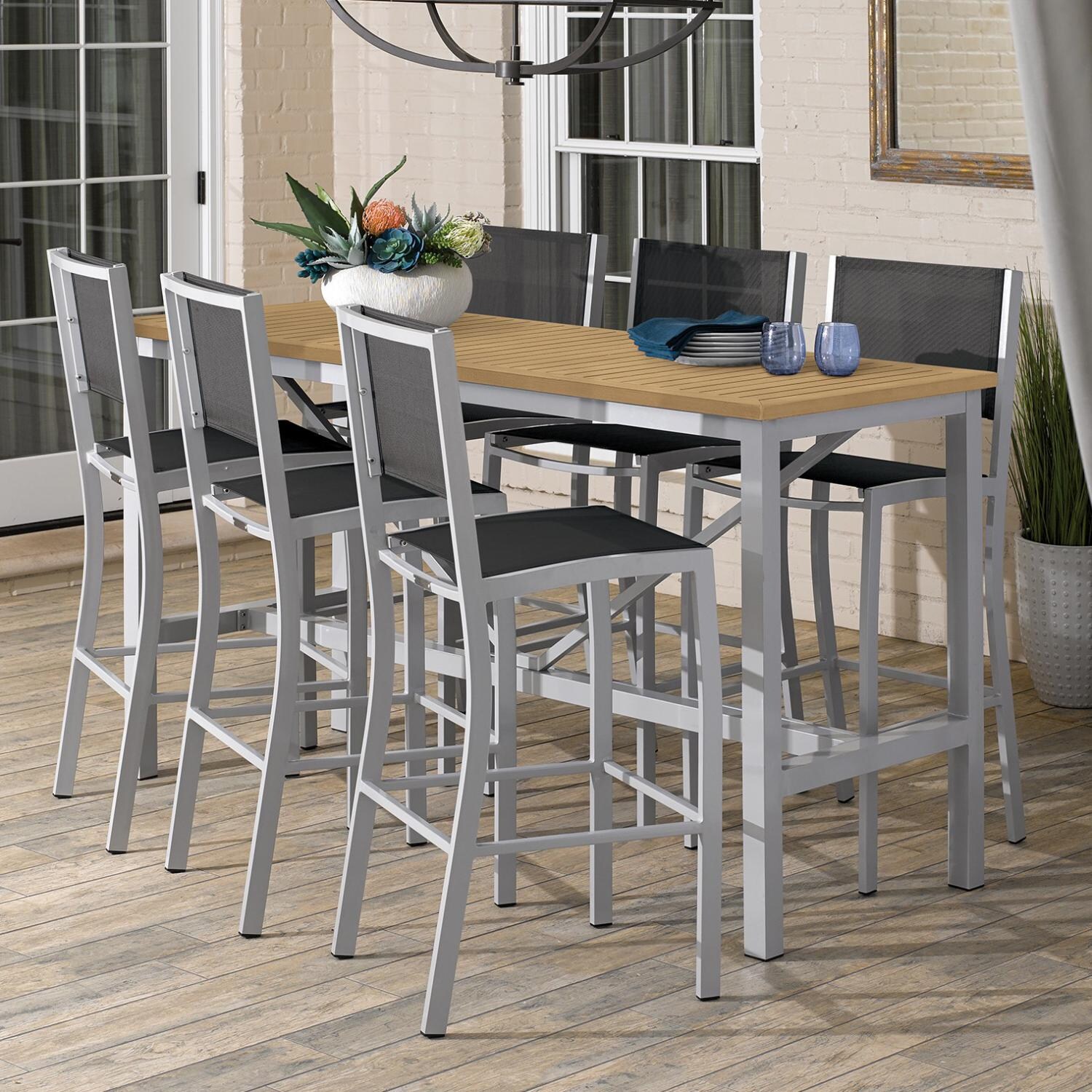 Travira 7 Piece Aluminum Patio Bar Set W/ 72 X 30 Inch Rectangular Tekwood Natural Table By Oxford Garden - Black Sling