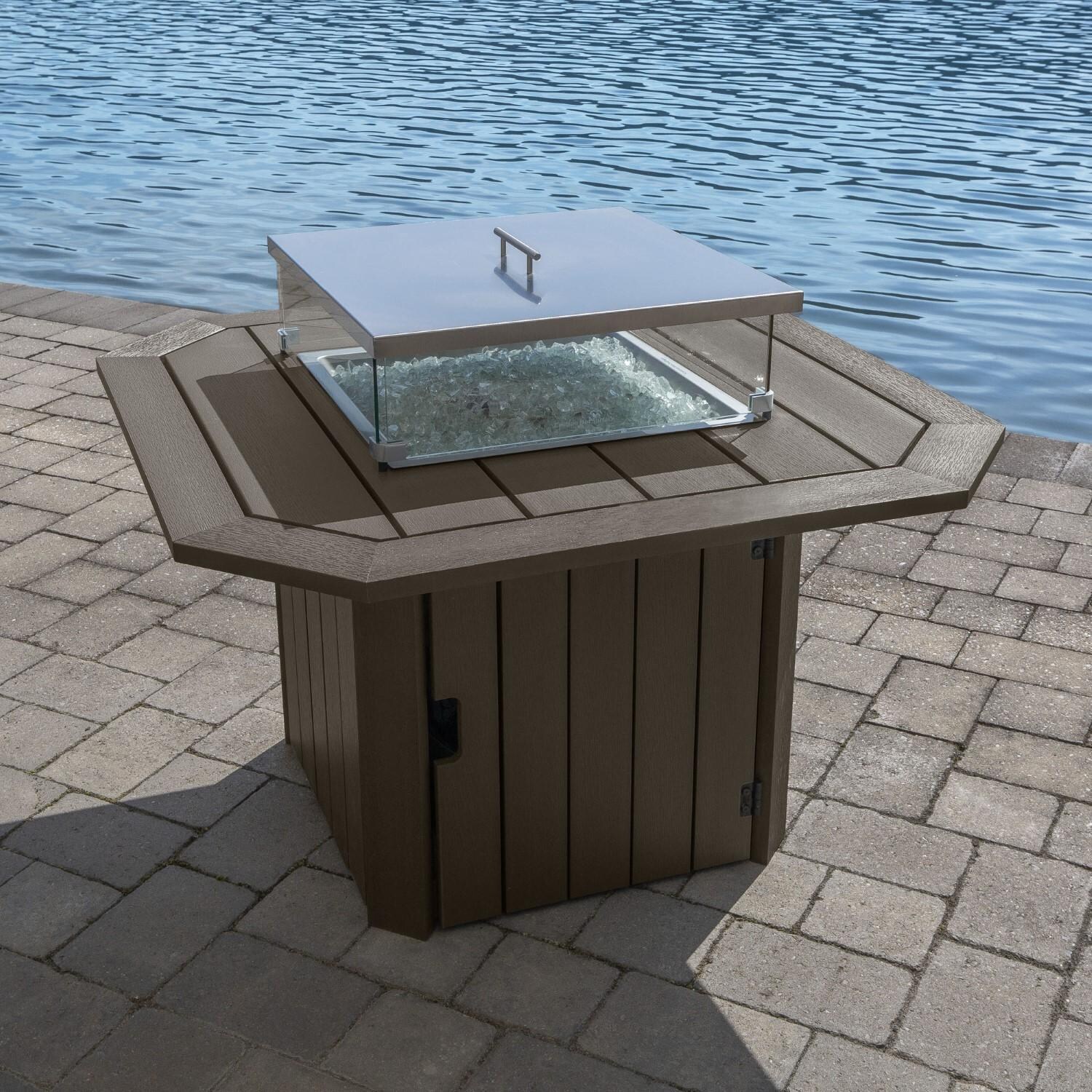 Harborview Octagonal Fire Pit Table in Weathered Acorn by Lakeview Outdoor Designs - Off W/ Lid - Lifestyle thumbnail