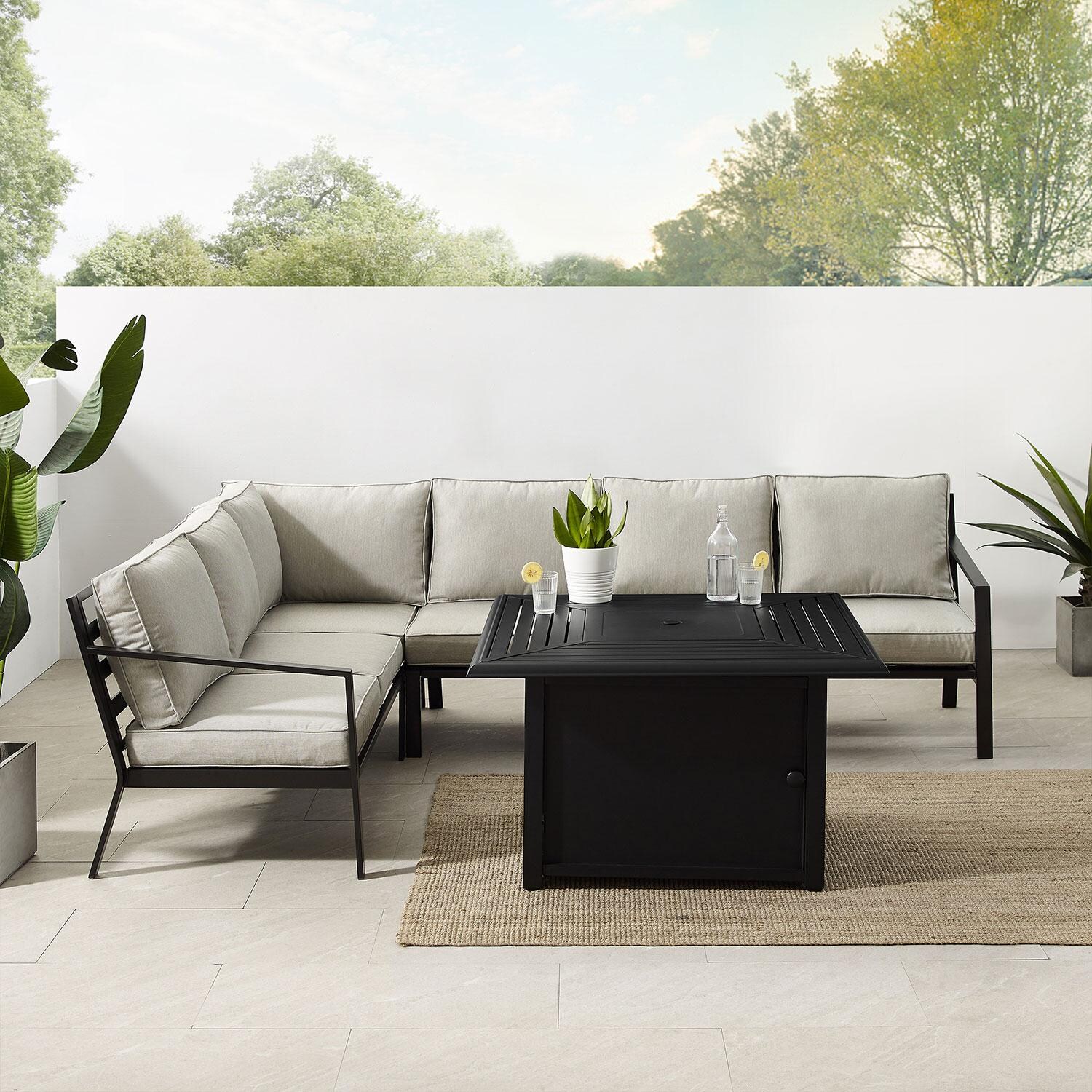 Ultimate Patio UP-92608MB-TE 5Pc Outdoor Sectional Set W/ Fire Table in Taupe - Front View - Lifestyle thumbnail