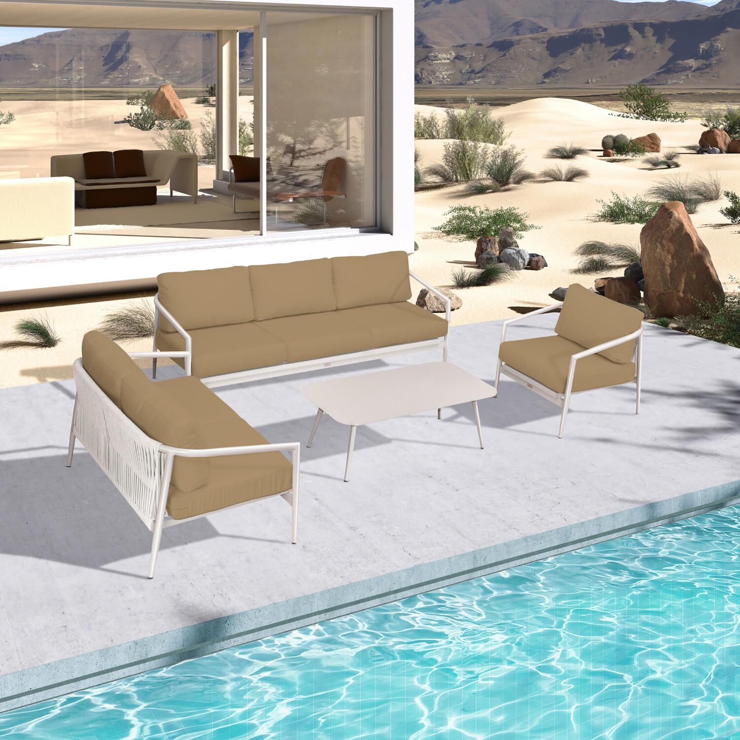 Lakeview Midnight Cove 4 Pc Aluminum Sofa Loveseat Seating Set in Urban Stone/Carrera/Heather Beige - Top - Lifestyle thumbnail