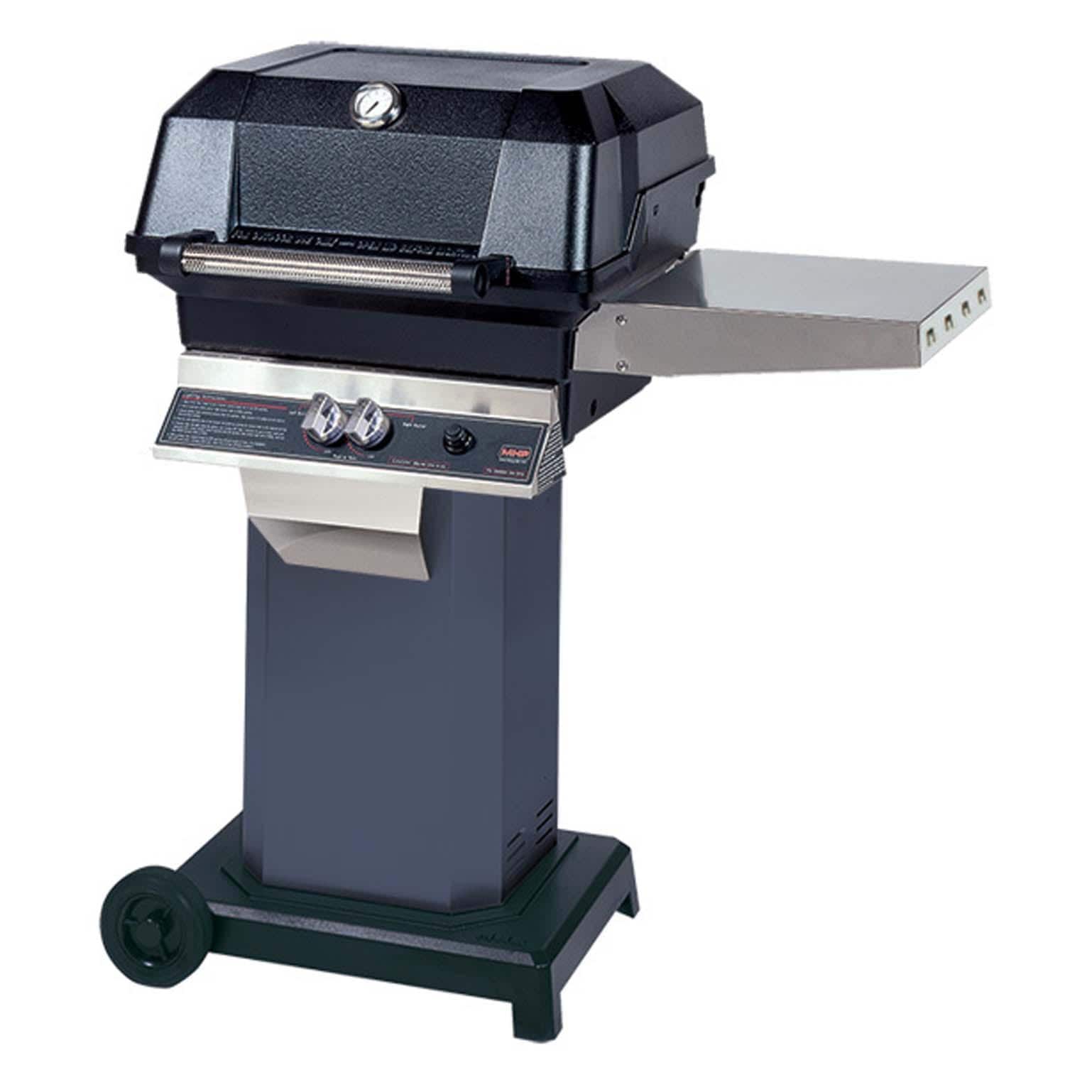 MHP JNR Propane Grill Head w/ SearMagic Cooking Grids & Drop Down Shelves on Chicago Blues Grill Column w/ Portable Base - JNR4DD-PS + OCOLCB + OC-P