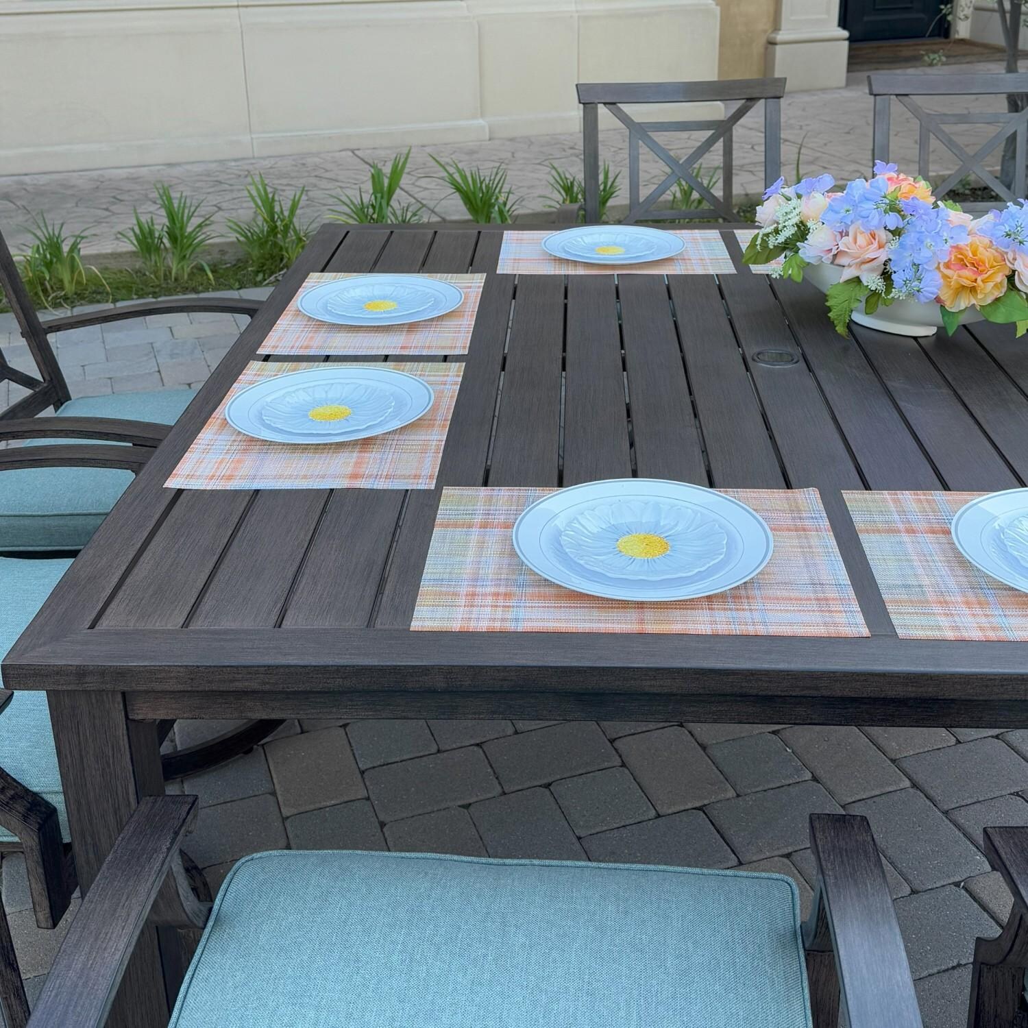 Atlantis 9 Pc Aluminum Dining Set w/ 8 Swivel Rocker Dining Arm Chairs in Walnut/Spa by Darlee - Table Top - Lifestyle thumbnail