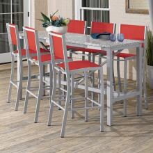 Travira 7 Piece Aluminum Patio Bar Set W/ 72 X 30 Inch Rectangular Lite-Core Ash Table By Oxford Garden - Red Sling