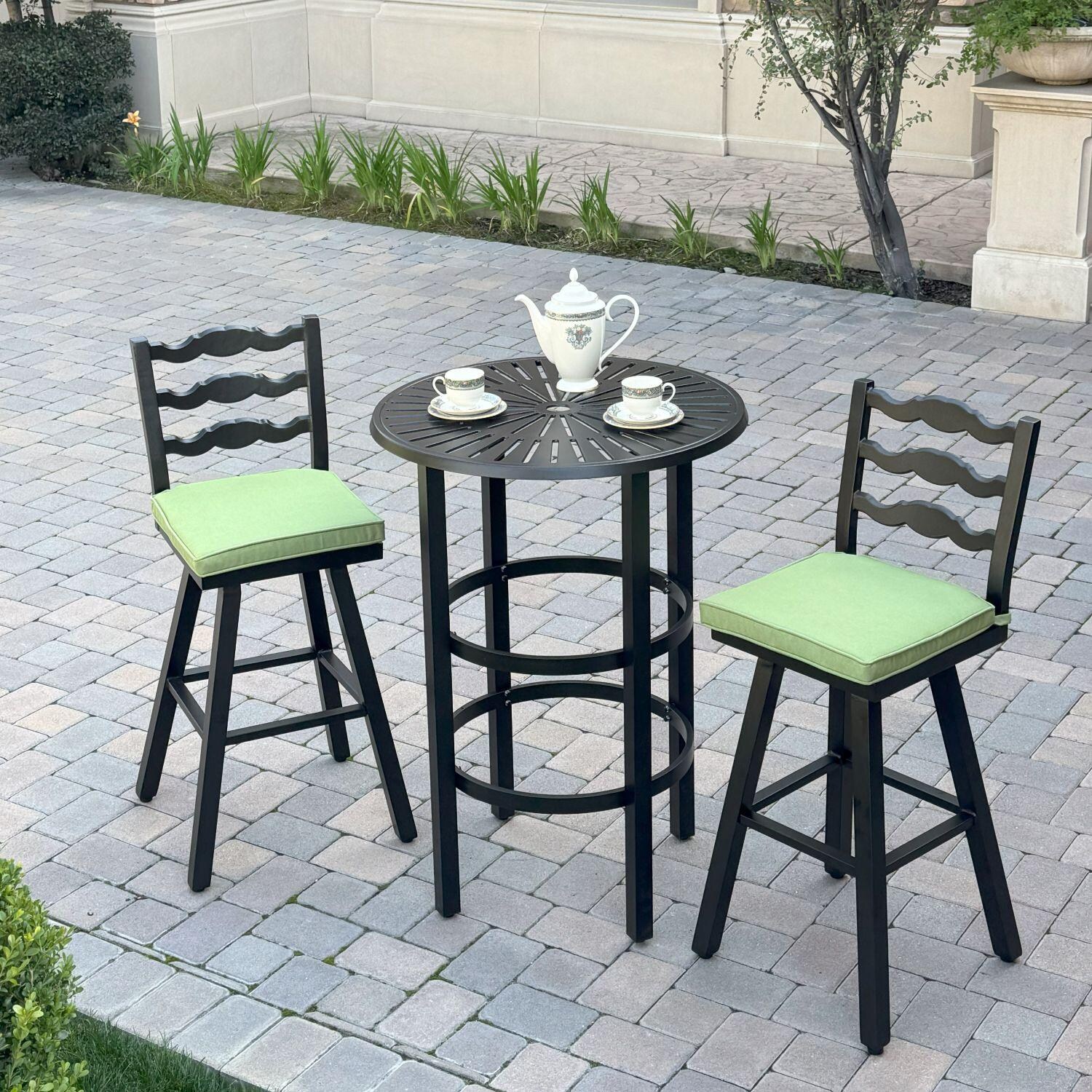 Aspen Aluminum 3 Pc Patio Bar Set w/ 30-in Round Bar Table in Green by Darlee - Patio - Lifestyle thumbnail
