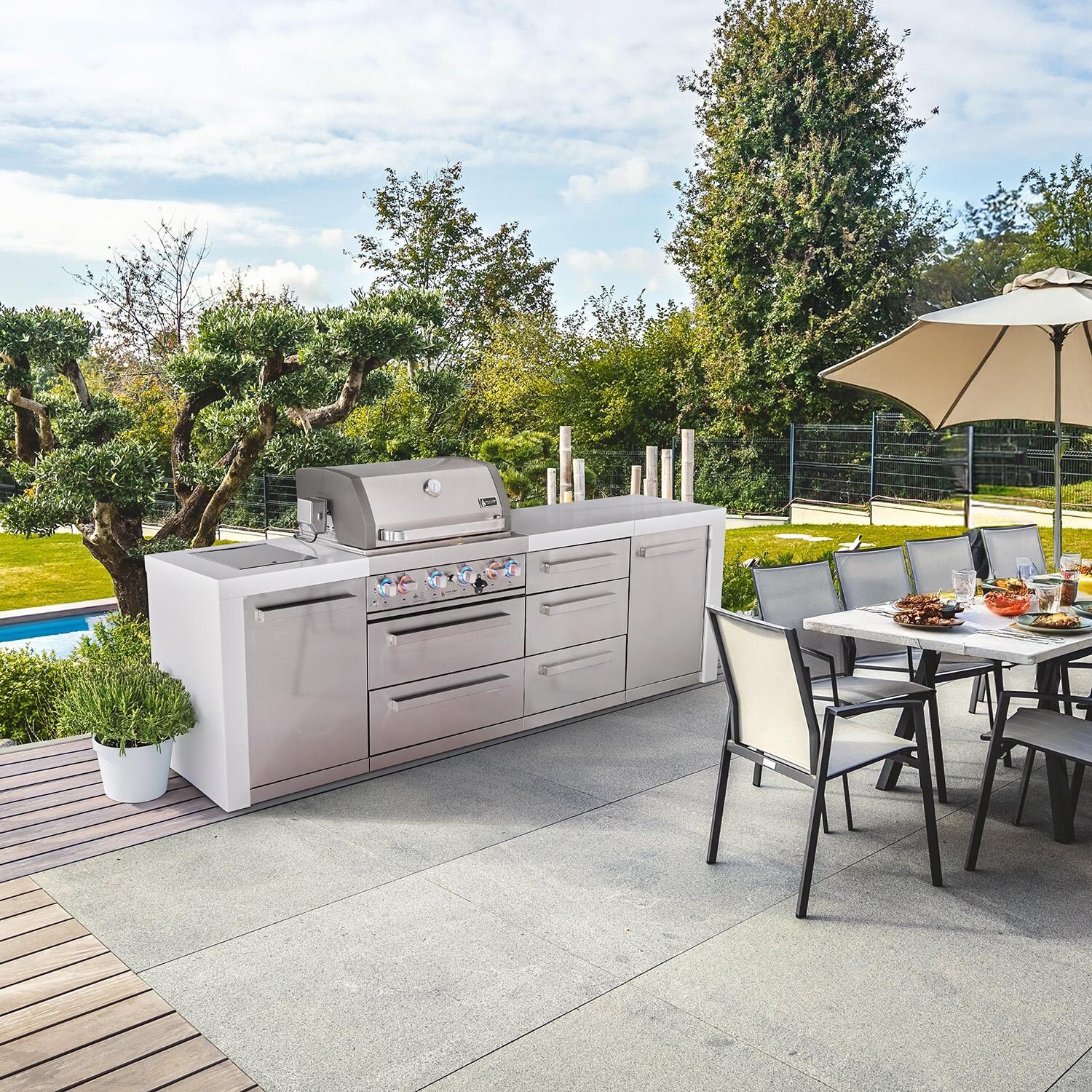Mont Alpi Deluxe Series 7 Ft Natural Gas Outdoor Kitchen Island w/ 32-in Grill, Side Burner & Triple Drawer (Ships Propane w/ Conversion Kit) - On Patio - Lifestyle thumbnail