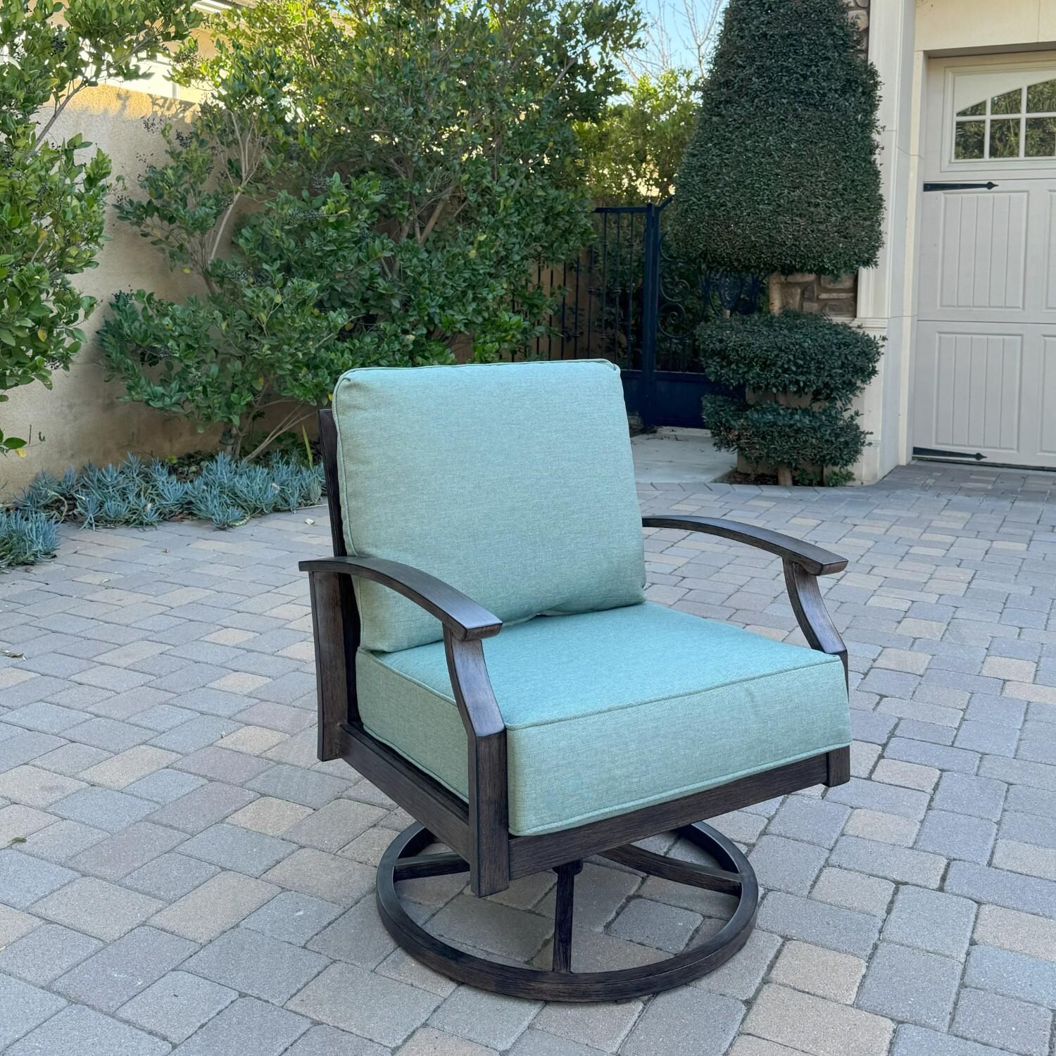 Atlantis 6 Pc Aluminum Fire Pit Seating Set w/ 2 Swivel Rocker Club Chairs, 2 Ottomans & Sofa in Walnut/Spa by Darlee - Chair - Lifestyle thumbnail