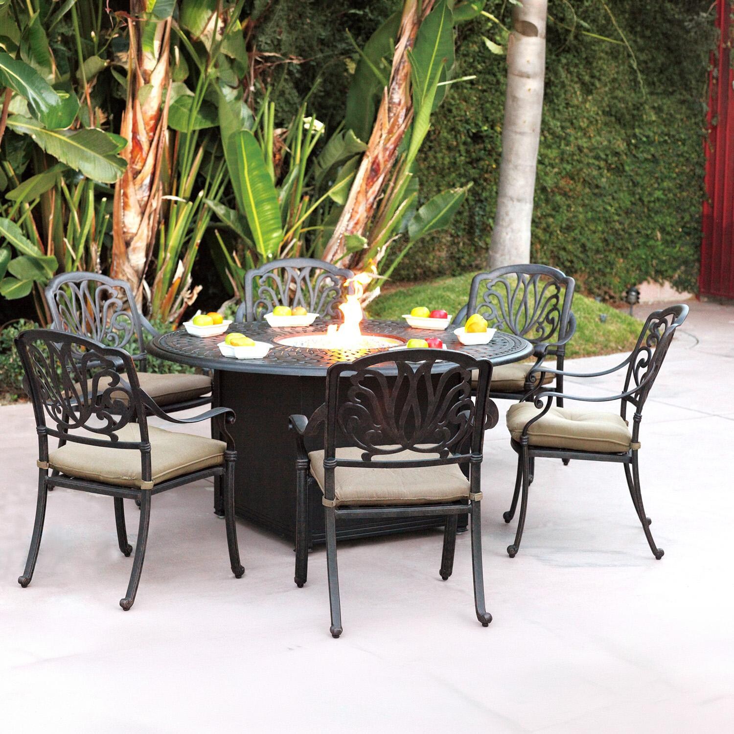 Elisabeth 7 Pc Cast Aluminum Fire Pit Dining Set w/ 60 Inch Round Signature Table in Antique Bronze/Beige by Darlee