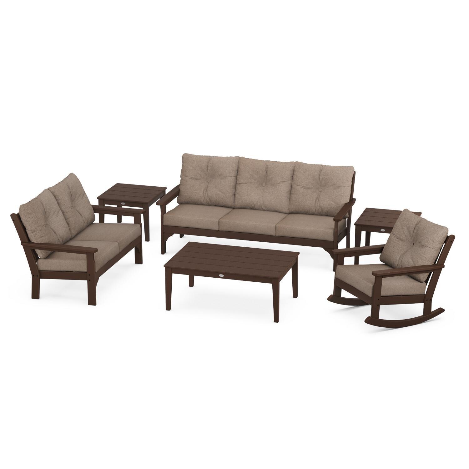 Vineyard 6 Pc Recycled Plastic Seating Set w/ Rocking Chair in Mahogany/Spiced Burlap by POLYWOOD