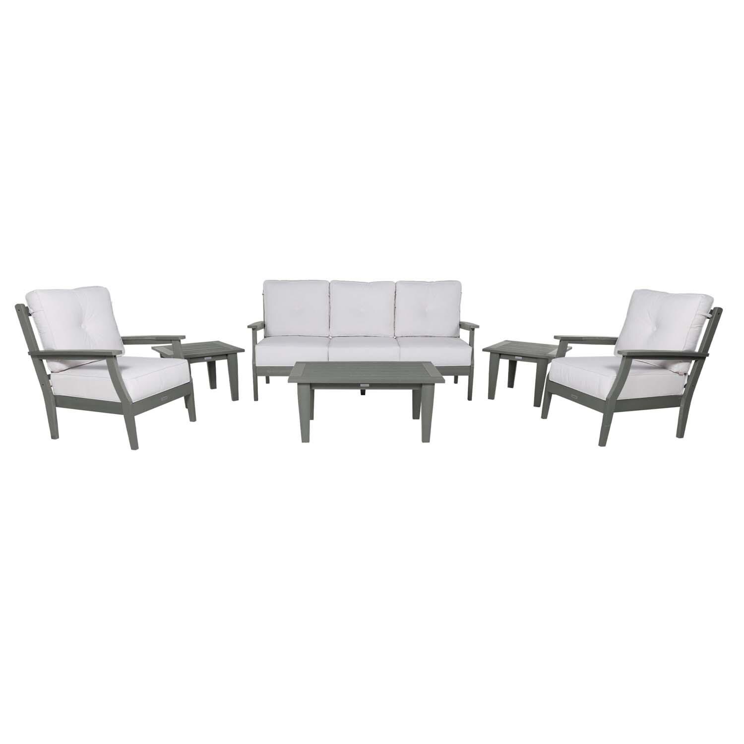 Blushing Bay 6 Pc Recycled Plastic Seating Set w/ Sofa in Bliss Linen/Coastal Teak by Lakeview Outdoor Designs - White Background thumbnail