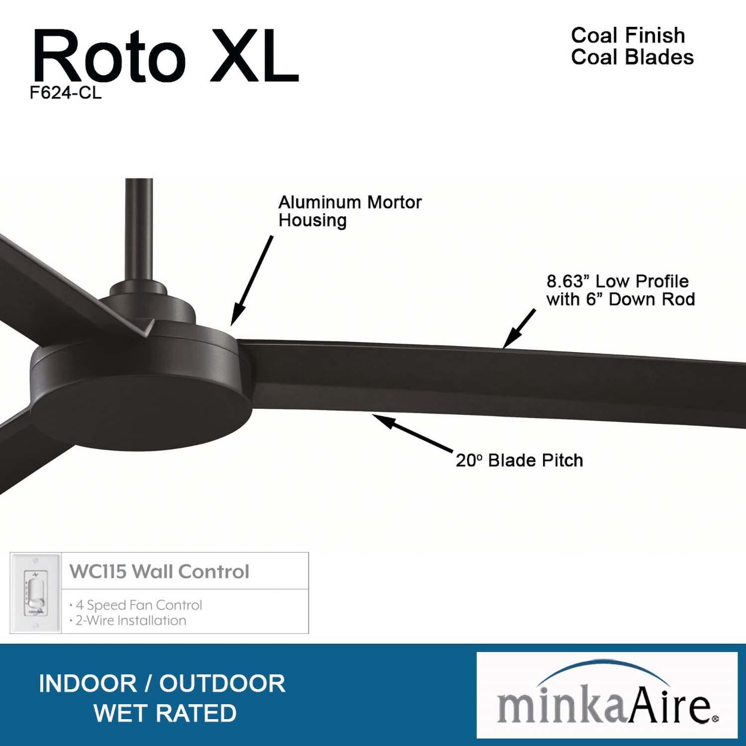 Minka-Aire F624-CL Roto XL 62-Inch 3-Blade Ceiling Fan in Coal Finish w/ Coal Blades - Details thumbnail