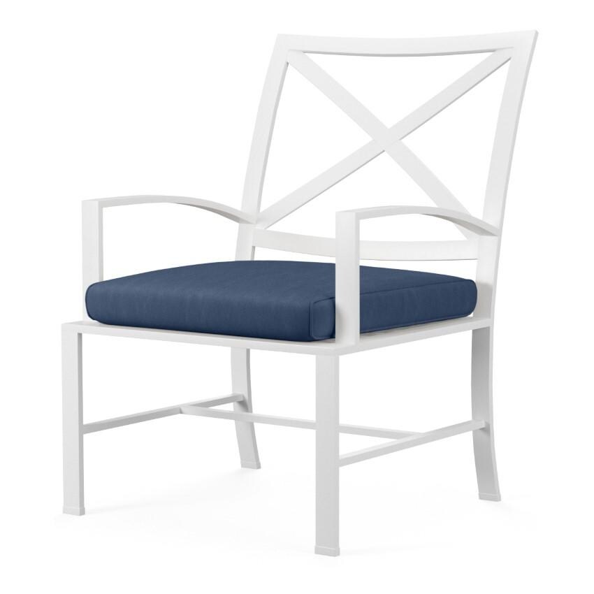 Bristol Aluminum Dining Arm Chair w/ Self Welt in White/Spectrum Indigo by Sunset West