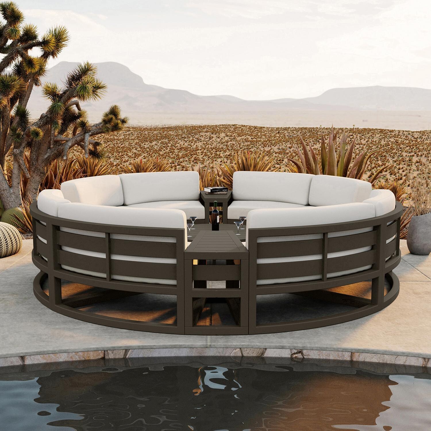 Misty Cove 7 Pc Aluminum Seating Set - Curved Sectional in Slate/Canvas Natural by Lakeview Outdoor Designs