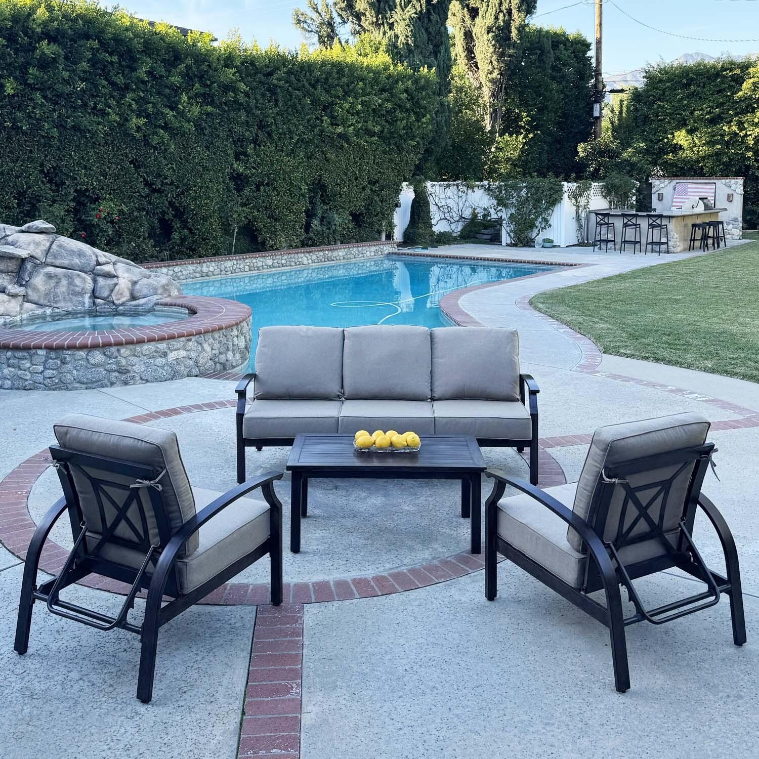 Atlantis 4 Pc Aluminum Seating Set w/ Rectangular Coffee Table in Walnut/Beige by Darlee - Lifestyle thumbnail