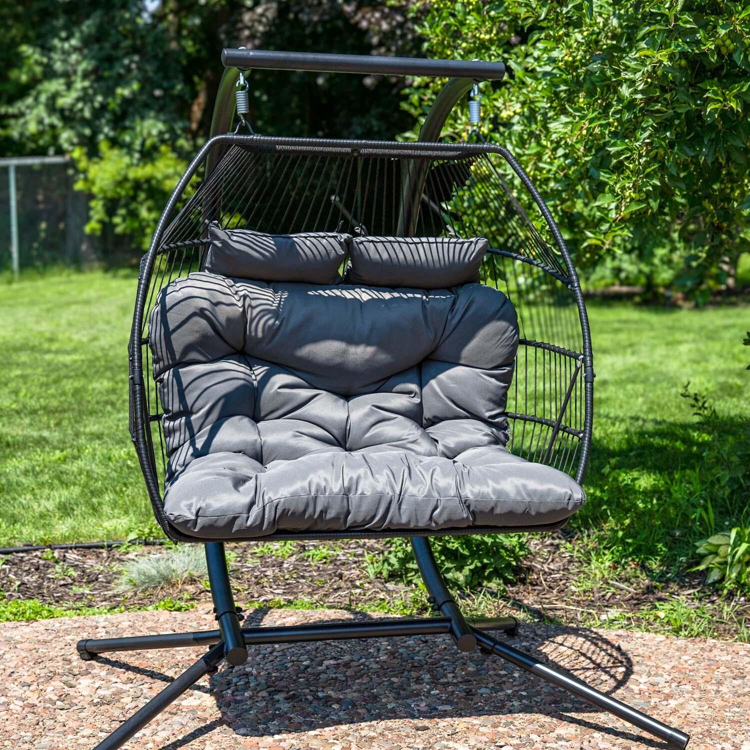 Steel Double Egg Chair w/ Cushion & Stand in Dark Gray Gray by Ultimate Patio