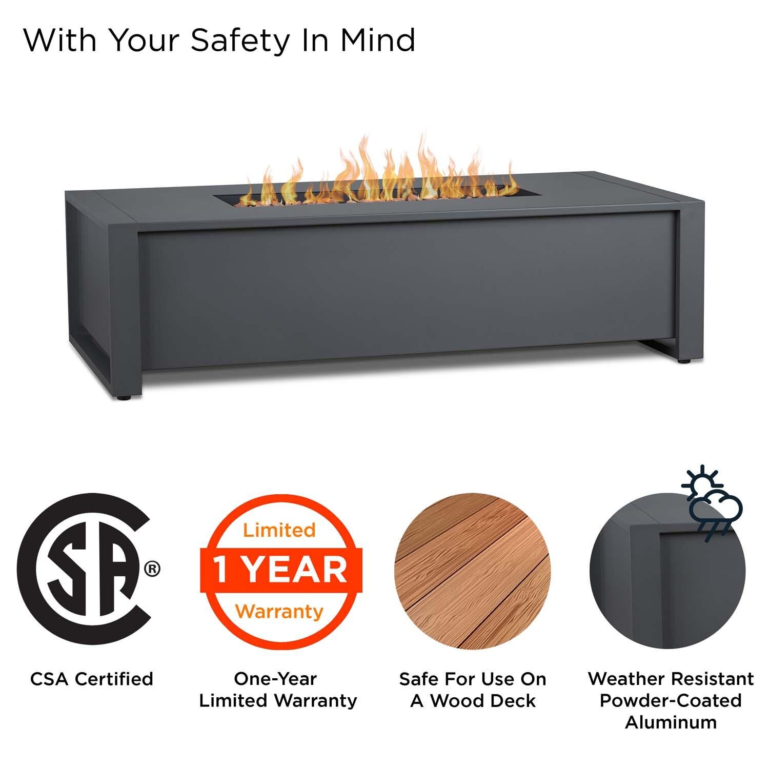 Lafitte 52 Inch Rectangular Cast Aluminum Propane Fire Pit Table in Gray by Lakeview Outdoor Designs - Safety thumbnail