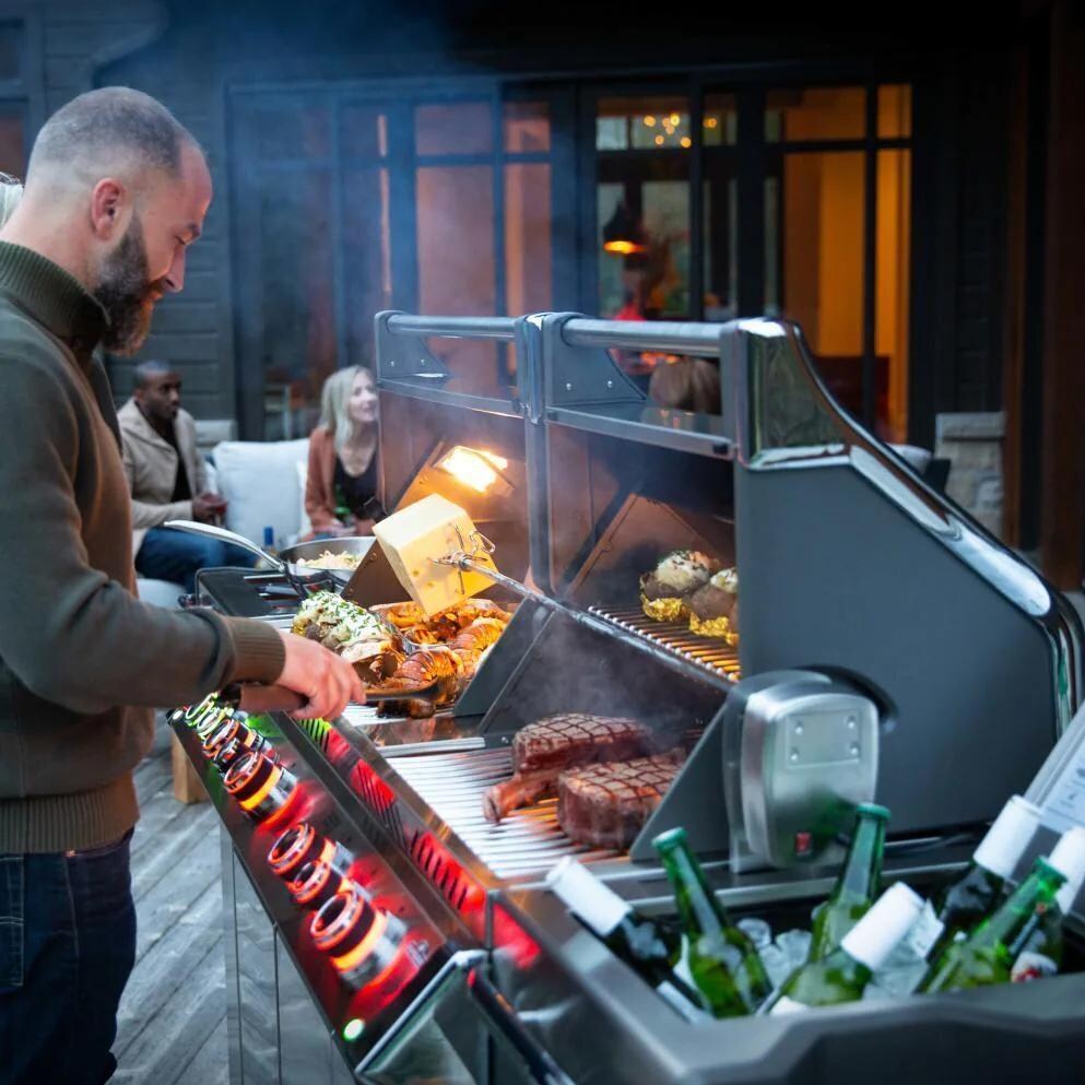 Napoleon PRO825RSBINSS-3 Legacy Prestige PRO 825 Natural Gas Grill w/Infrared Rear Burner, Double Infrared Sear Burner & Side Burner - Lifestyle View with Control Knobs On thumbnail