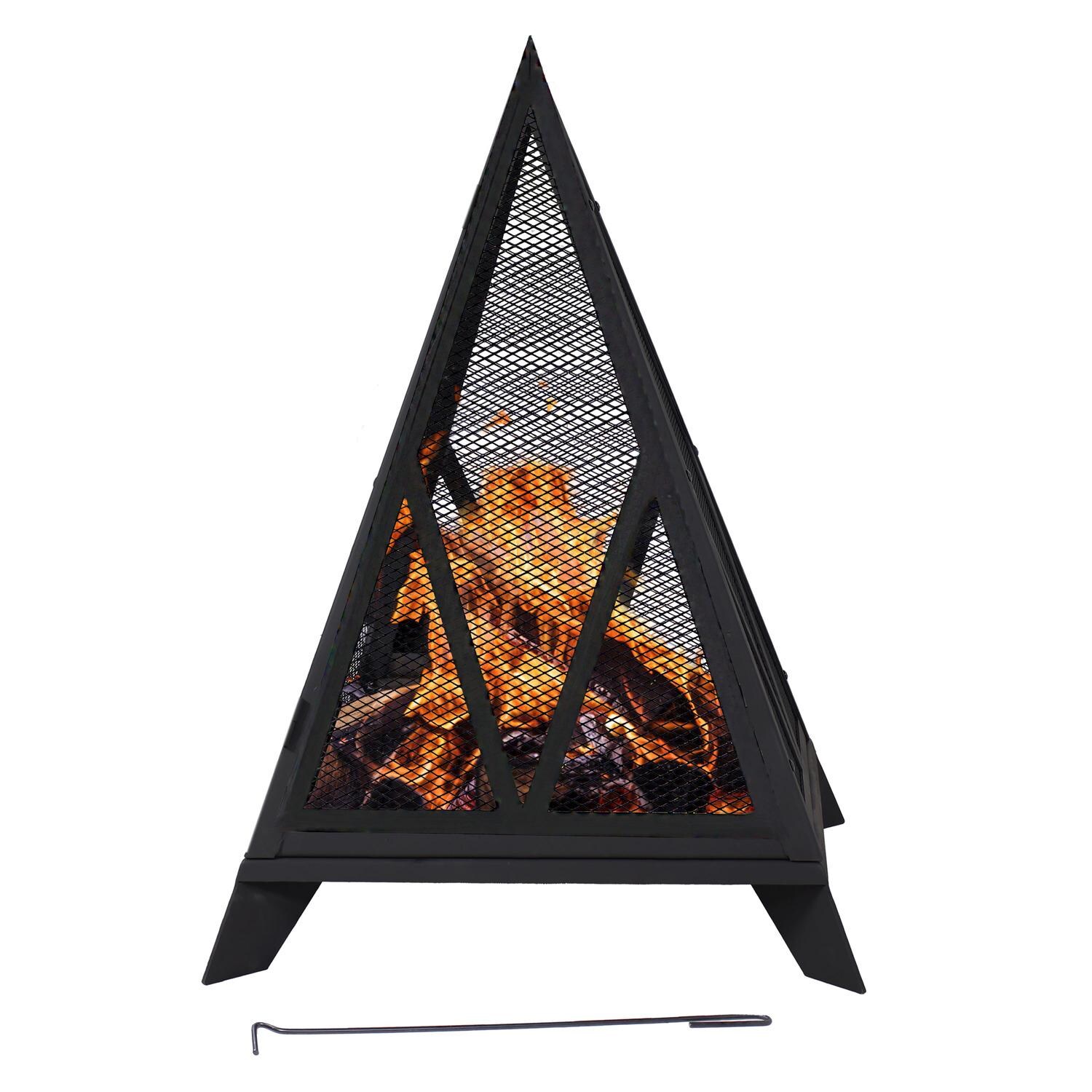 Ultimate Patio NB-048 25 Inch Pyramid Steel Wood Burning Fire Pit in Black - Flame Lit - White Background thumbnail