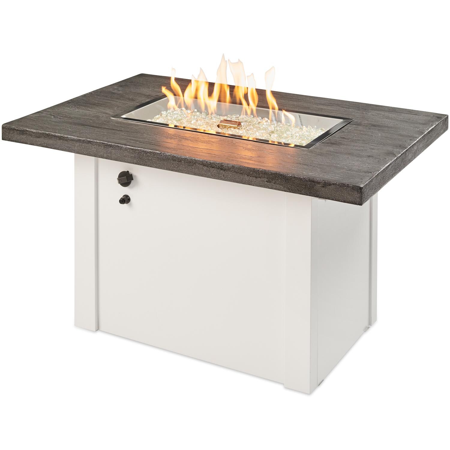The Outdoor GreatRoom Company Havenwood HVGW-1224-K-NG 44-Inch Rectangular Natural Gas Fire Pit Table with Stone Grey Everblend Top and 24-Inch Crystal Fire Burner - Ships As Propane With Conversion Fittings - White - Shown With Burner Lit thumbnail