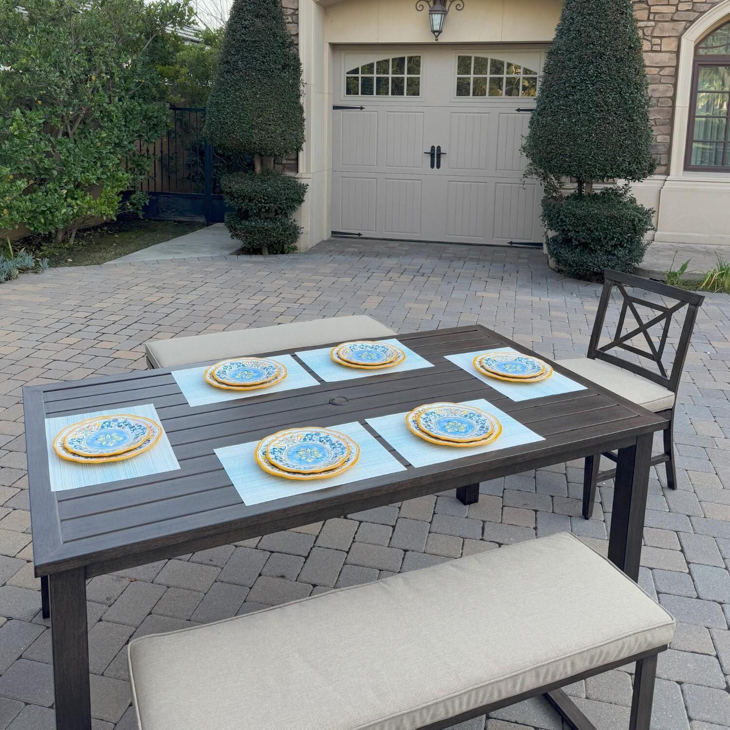 Atlantis 5 Pc Aluminum Dining Set w/ 2 Dining Side Chairs & 2 Two Person Benches in Walnut/Beige by Darlee - Side - Lifestyle thumbnail