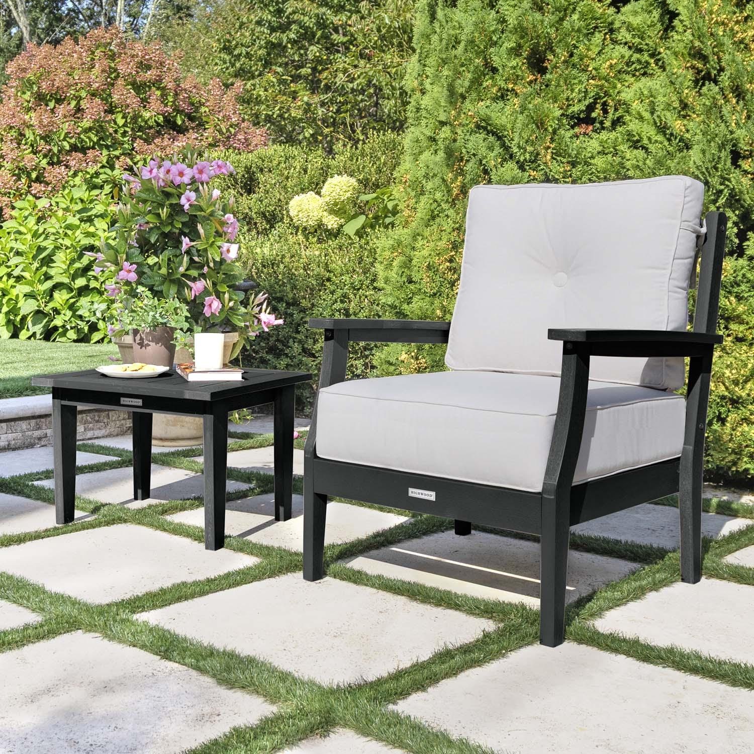 Blushing Bay 3 Pc Recycled Plastic Seating Set in Bliss Linen/Black by Lakeview Outdoor Designs - Close Up - Lifestyle thumbnail