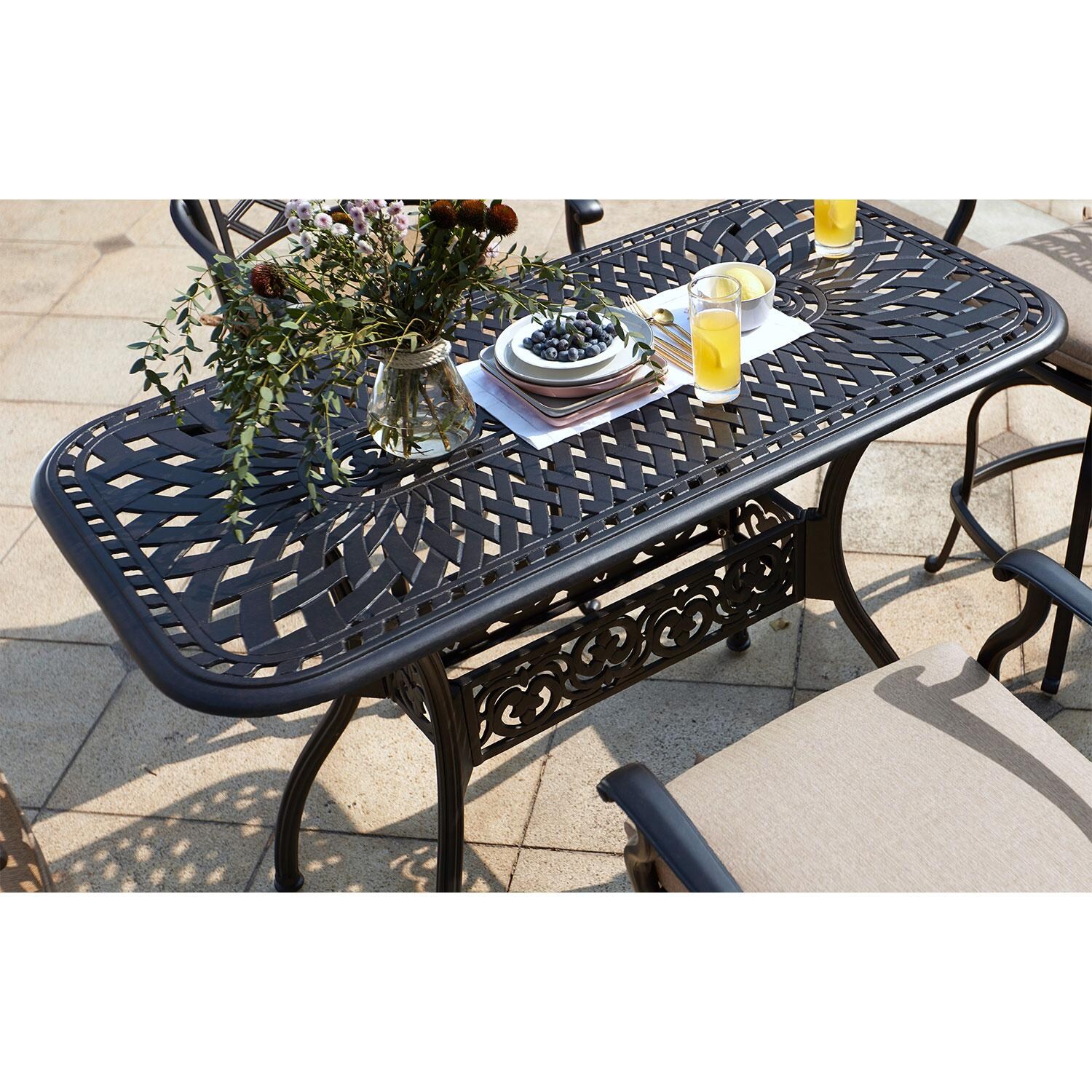 Darlee 201030-5PC-60CB Sedona 5 Piece Cast Aluminum Patio Counter Height Bar Set W/ 52 X 26 Inch Rectangular Table & Beige Canvas Cushions - Overhead View - Lifestyle thumbnail