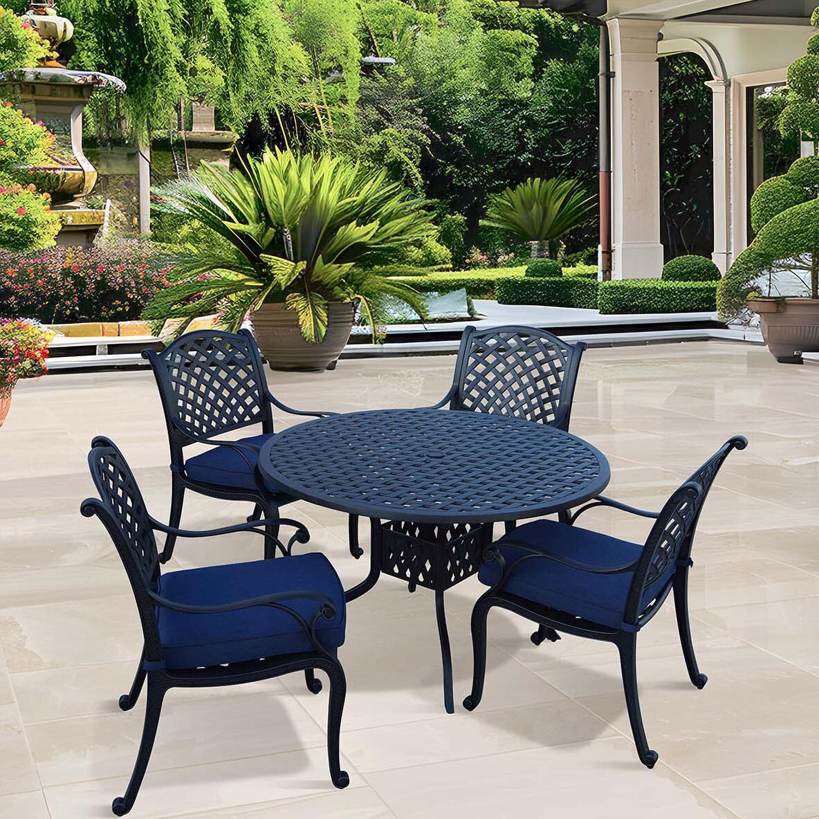 Nassau 5 Pc Cast Aluminum Dining Set w/ Navy Blue Cushions in Antique Bronze By Darlee - Lifestyle thumbnail