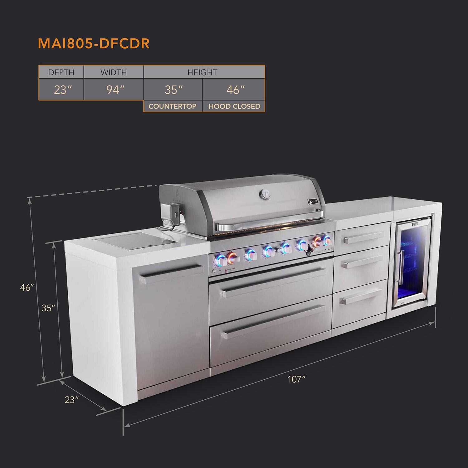 Mont Alpi Deluxe Series 10 Ft Natural Gas Outdoor Kitchen Island w/ 44-in Grill, Side Burner, Fridge & Triple Drawer (Ships Propane w/ Conversion Kit) - Dimensions - Dimensional thumbnail