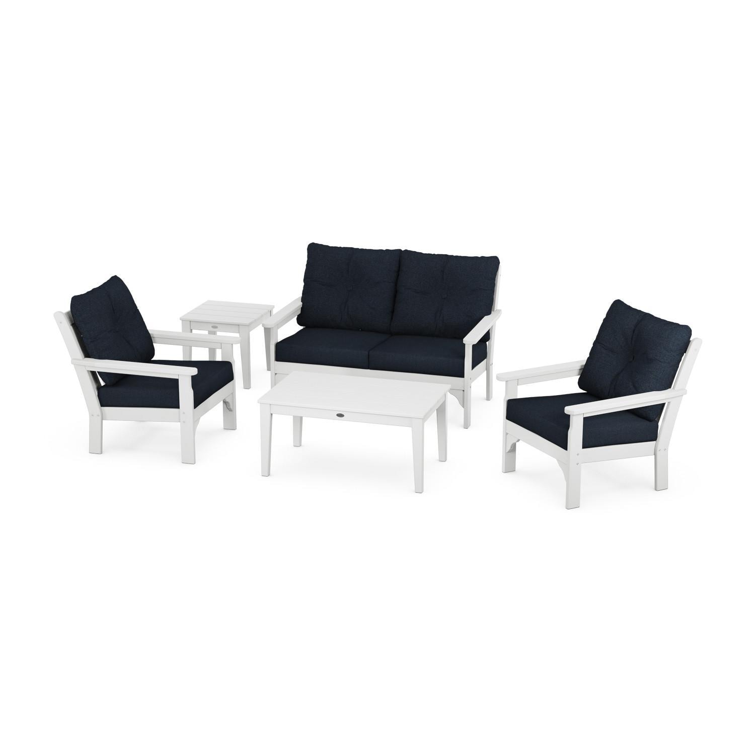 POLYWOOD Vineyard 5 Pc Recycled Plastic Loveseat Seating Set in White/Marine Indigo by - PWS332-2-WH145991
