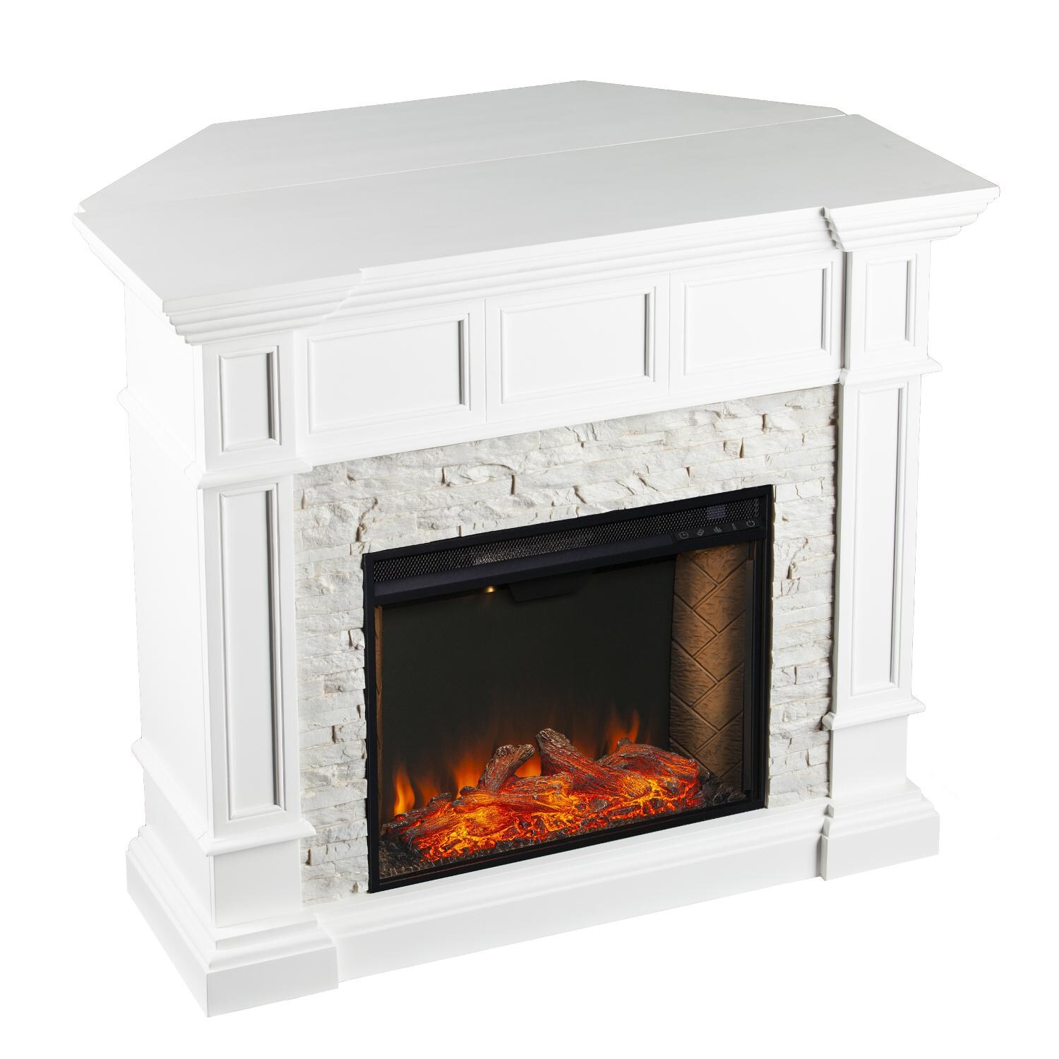 Southern Enterprises FS9638 Merrimack 45-Inch Electric Fireplace W/ Alexa-Enabled Smart Firebox -  White W/ Faux Stone Surround - Angle View thumbnail