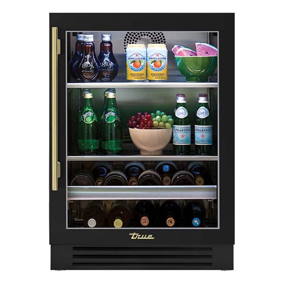 True TBC-24-R-OG-C~DSK-027-H01 24 Inch 147 Can 13 Bottle Right Hinge Glass Door Outdoor Outdoor Beverage Center - Matte Black w/ Brass Handle - White Background thumbnail