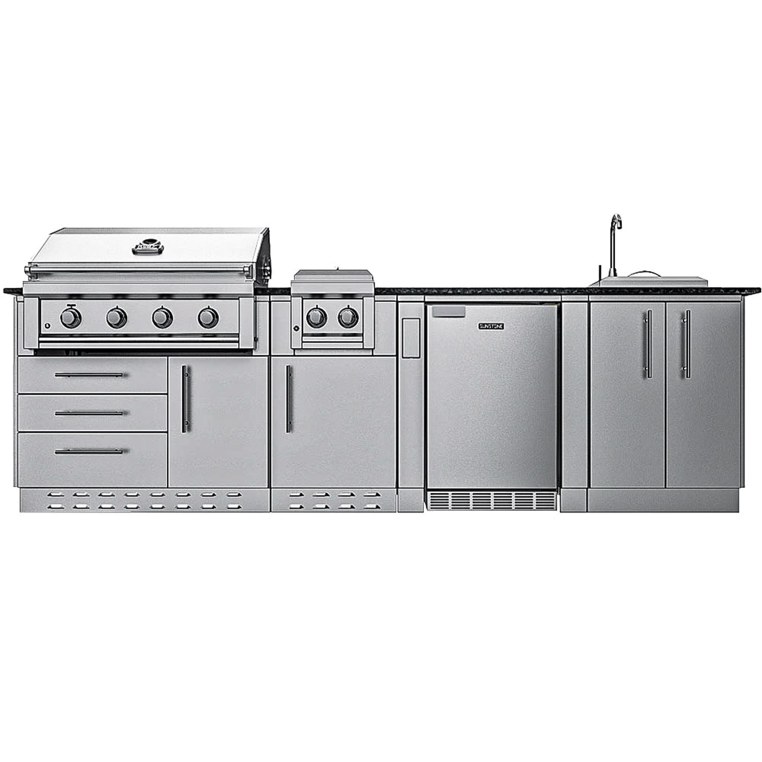 Sunstone Grills Houston 9 1/2 Ft Outdoor Kitchen Island w/ Propane Grill & Side Burner, Sink, Refrigerator, Door & Drawer
