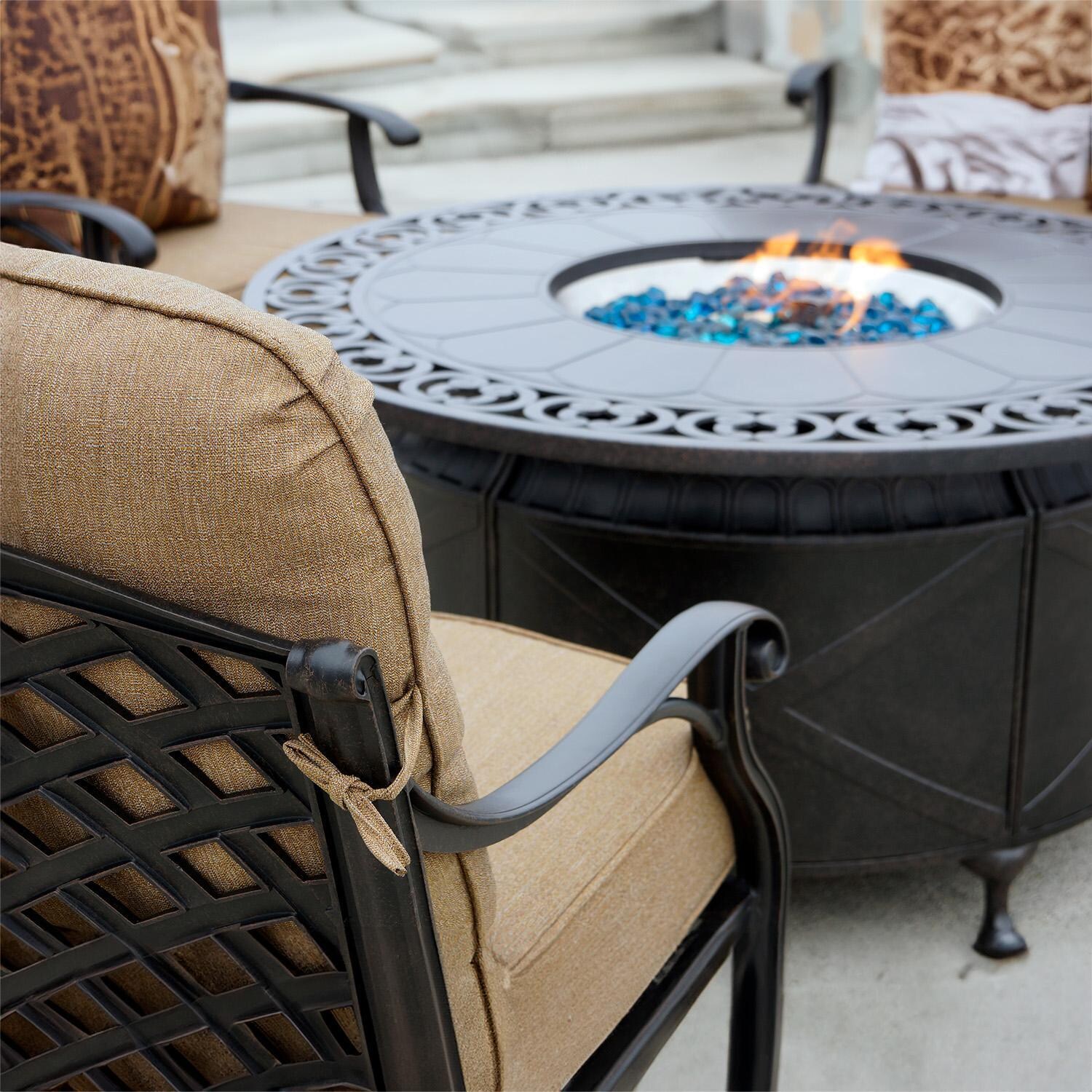 Darlee Nassau 4-Piece Patio Propane Fire Pit Loveseat Conversation Set with Cushions and 47 Inch Round Fire Pit Chat Table and Fireglass - Close Up Chair - Lifestyle thumbnail