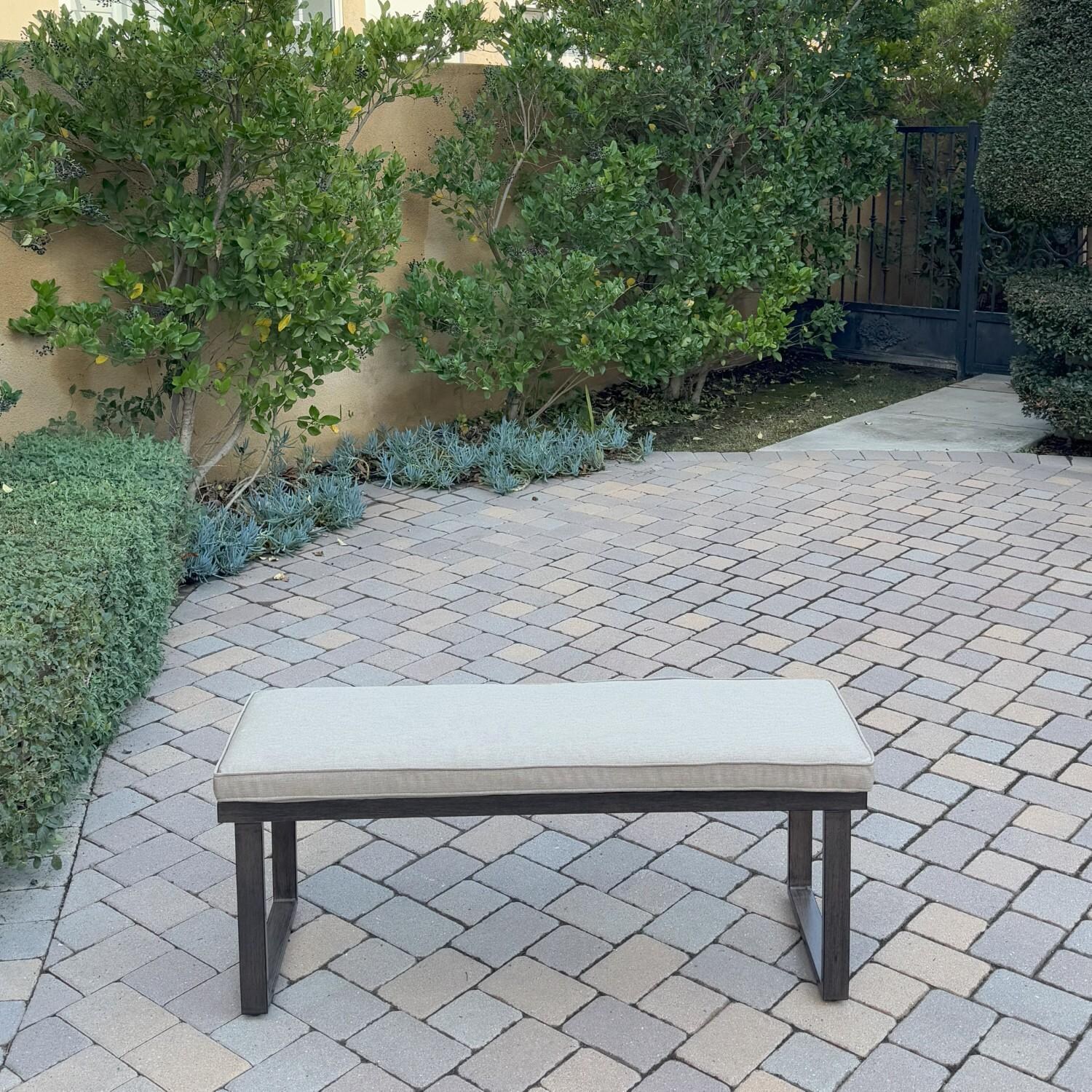 Atlantis 9 Pc Aluminum Dining Set w/ 6 Dining Side Chairs, 2 Two Person Benches & Extension Table in Walnut/Beige by Darlee - Bench - Lifestyle thumbnail