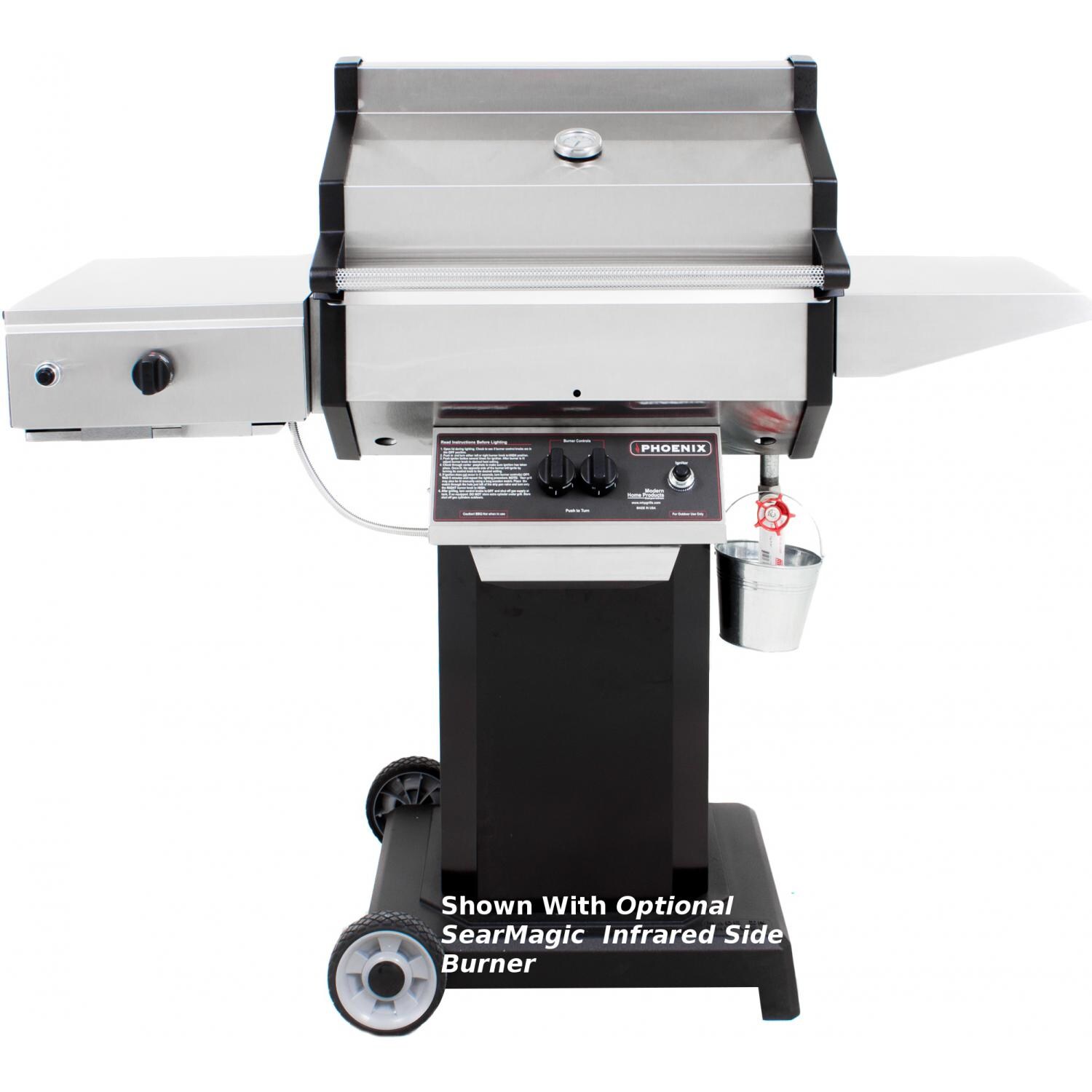 Phoenix Stainless Steel Grill Head on Black Aluminum Pedestal Cart Shown With SearMagic Infrared Side Burner thumbnail
