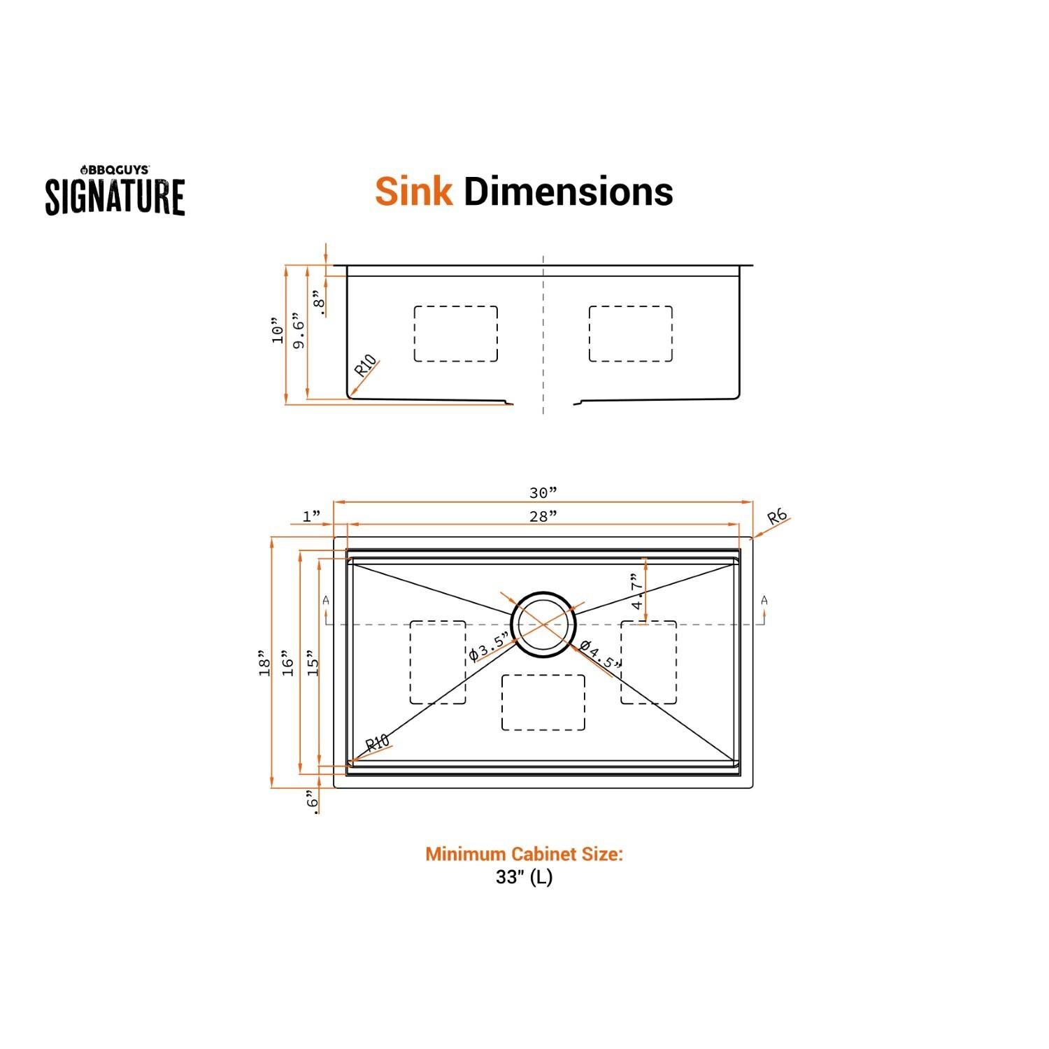 BBQGuys Signature Undermount Stainless Steel Kitchen 30-Inch Workstation Sink W/Grid, Strainer, and 3 Accessories - Dimensional thumbnail