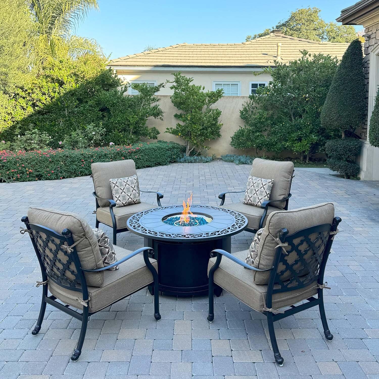 Madison 5 Pc Cast Aluminum Fire Pit Seating Set in Antique Bronze/Sesame by Darlee - Lifestyle thumbnail
