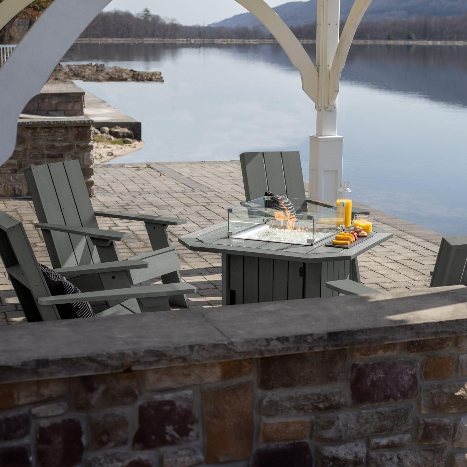 Harborview 5 Pc Adirondack Set W/ Fire Pit Table in Coastal Teak by Lakeview Outdoor Designs - Around Lake - Lifestyle thumbnail